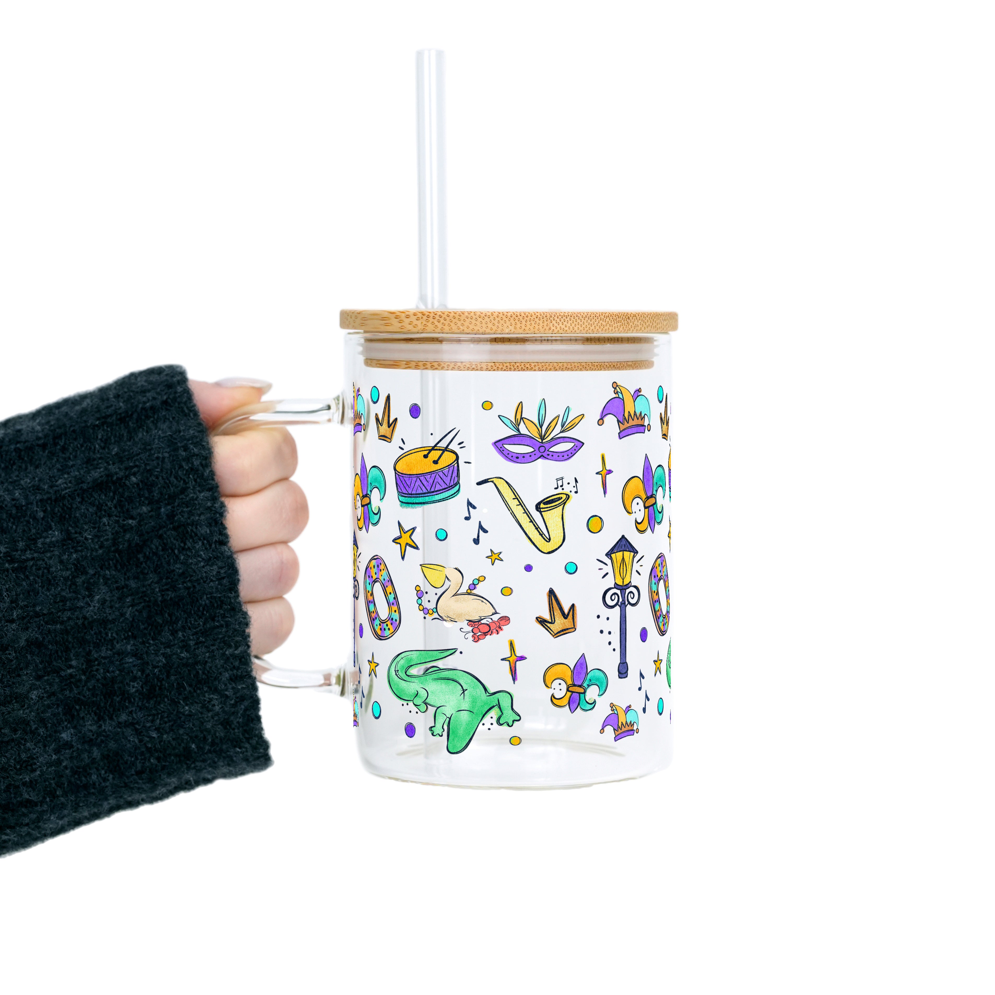 Watercolor Mardi Gras Clear Glass Mug with Lid & Straw