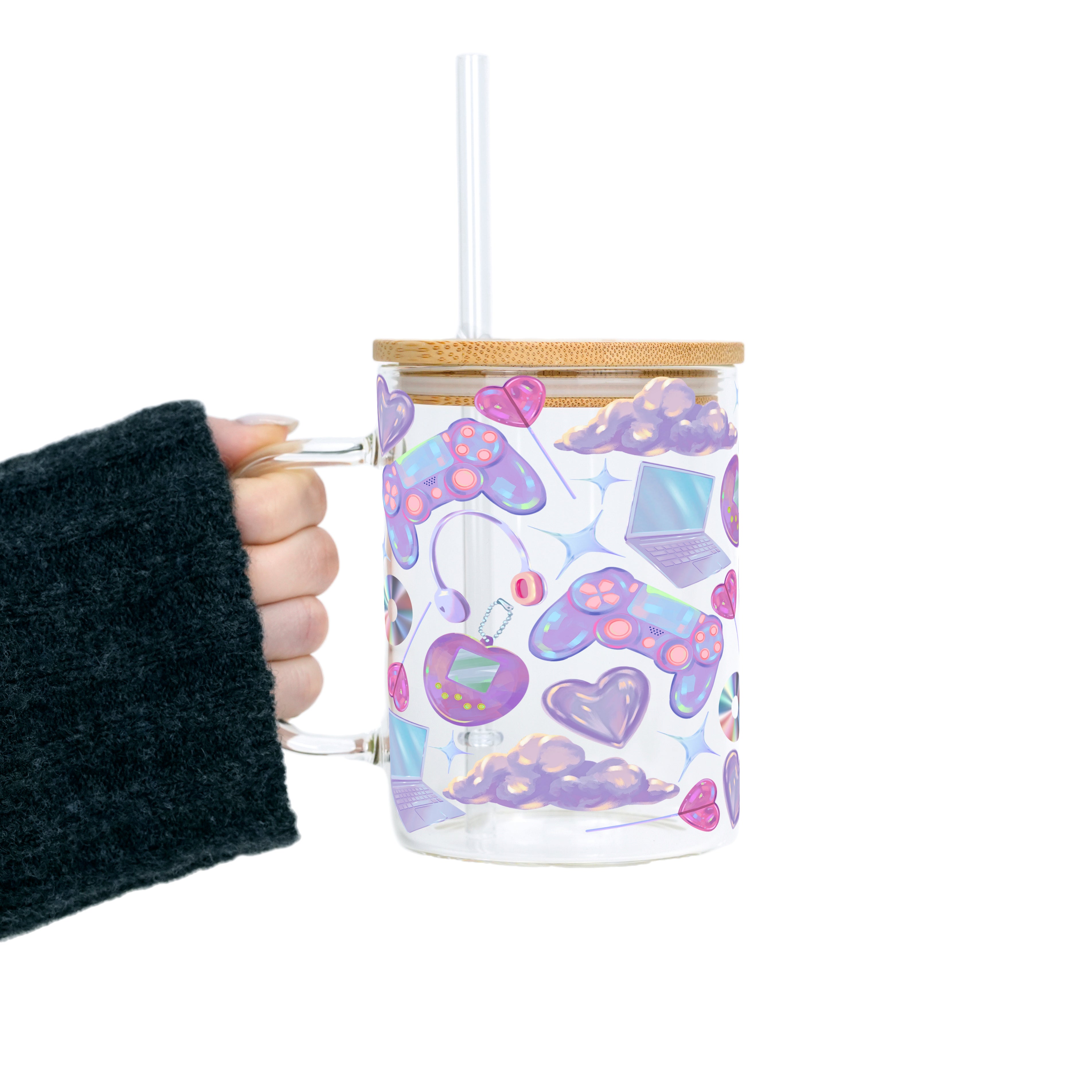 Y2K GAMER Clear Glass Mug With Lid & Straw