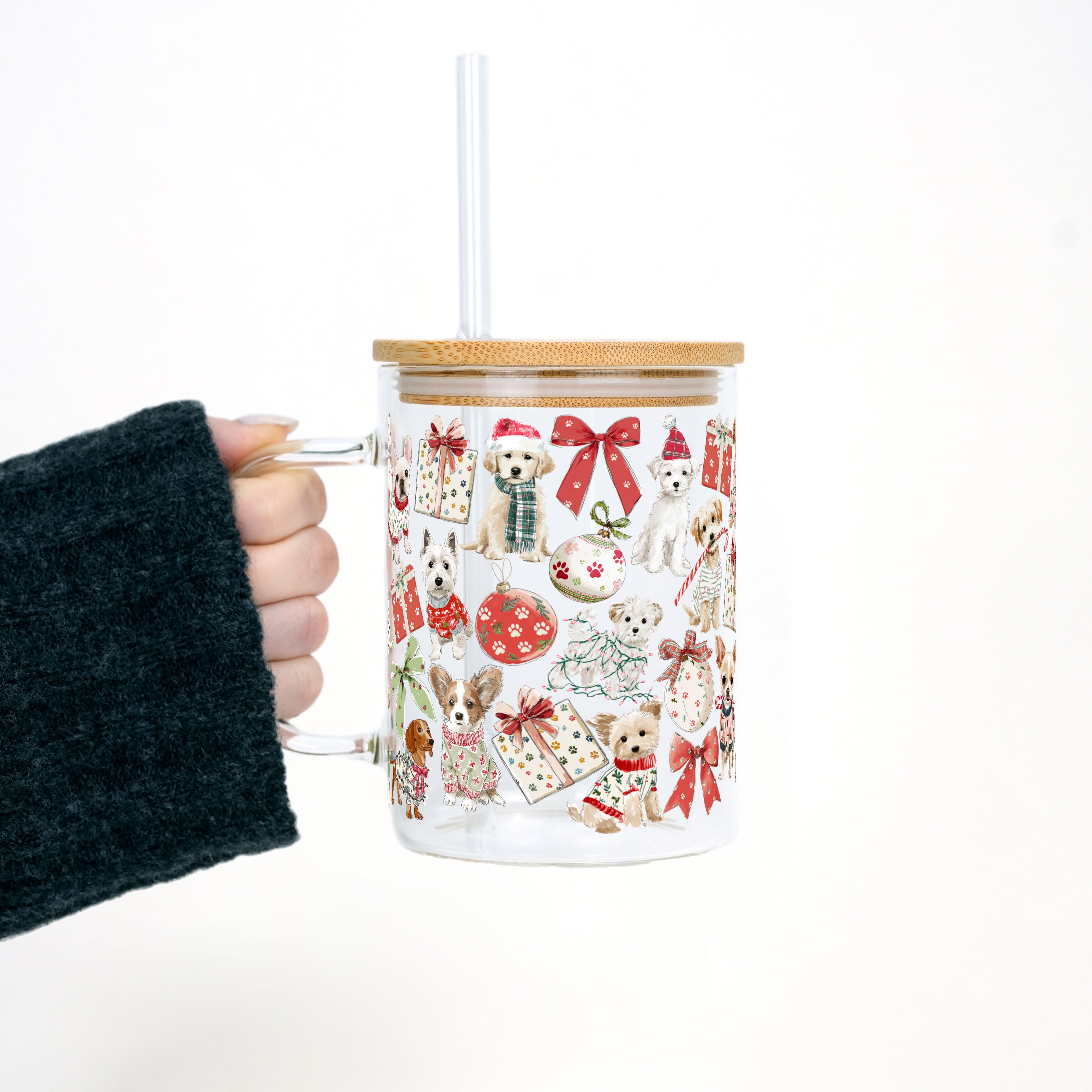 Holiday Pups Clear Glass Mug With Lid And Straw