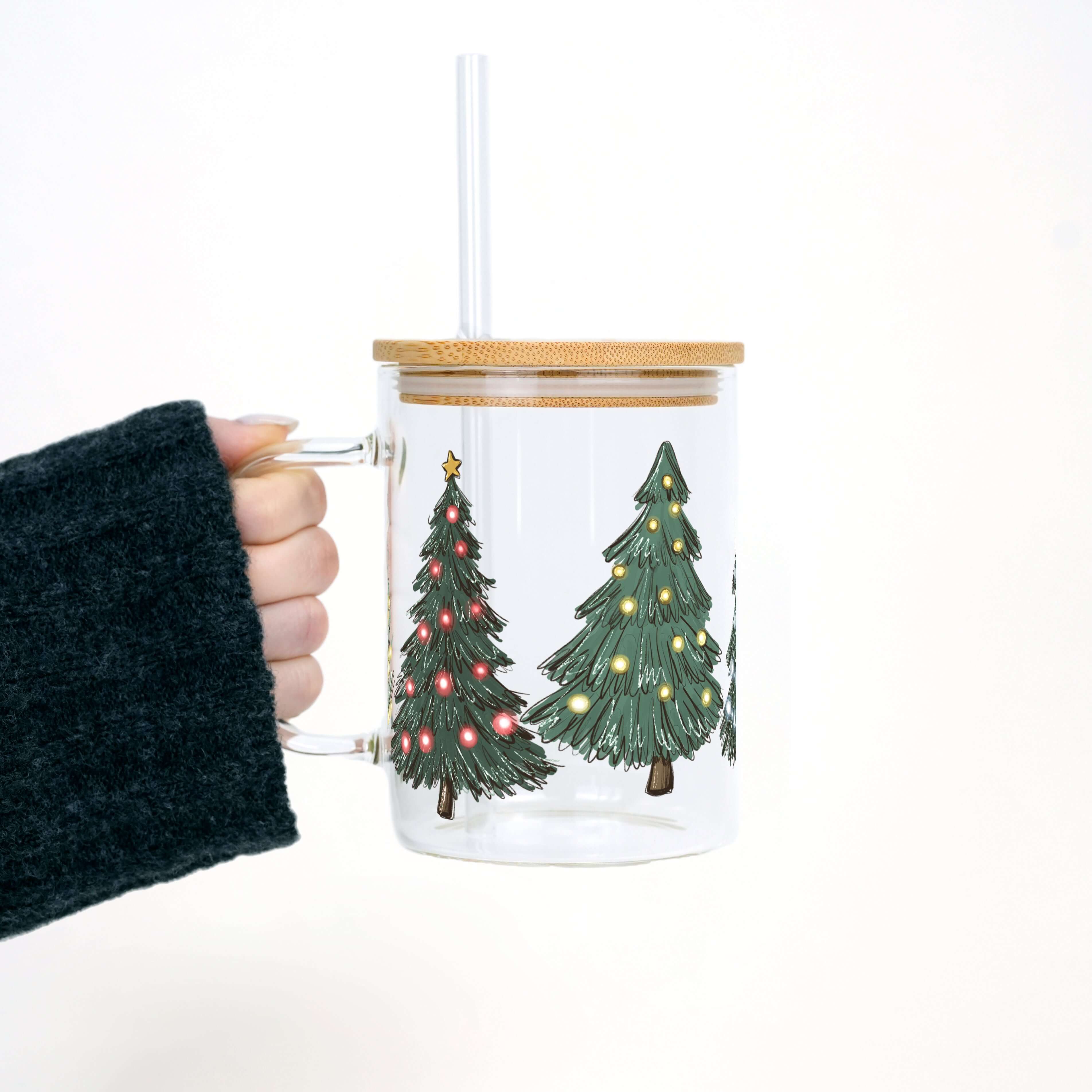 Green Christmas Trees 17oz Glass Mug With Lid and Straw