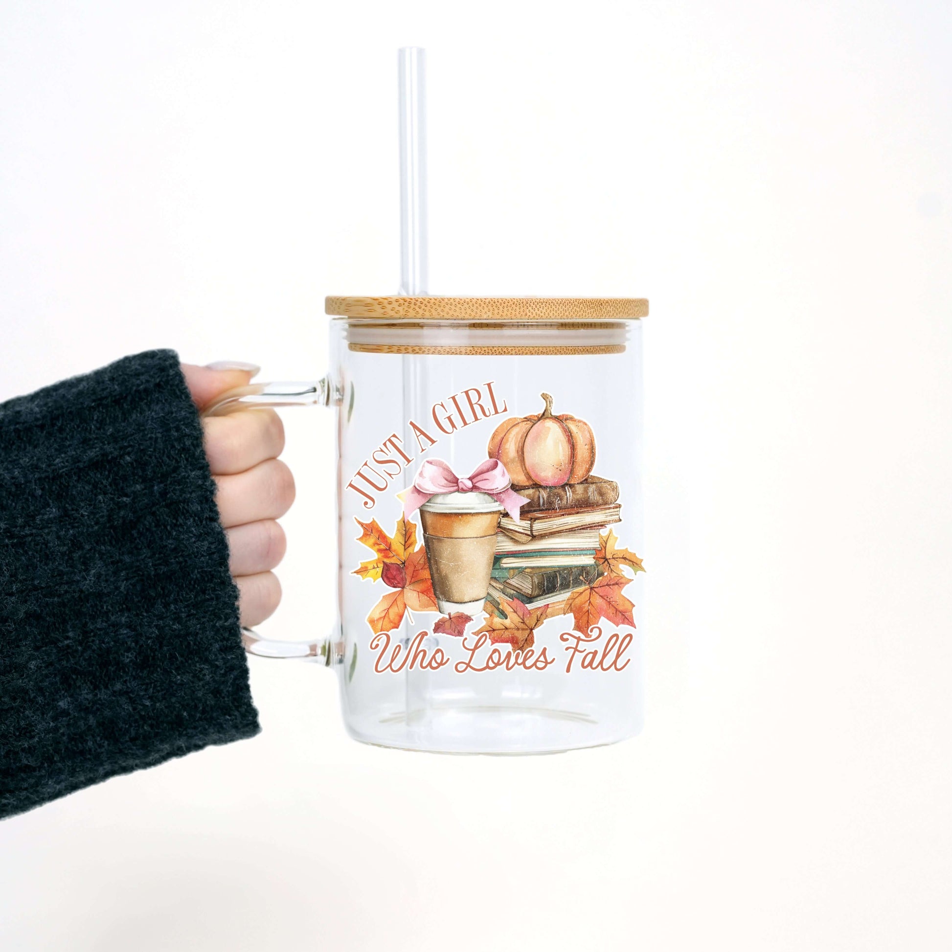 Girl Who Loves Fall 17oz Glass Mug With Lid and Straw from Sip Sip Hooray – Drinkware