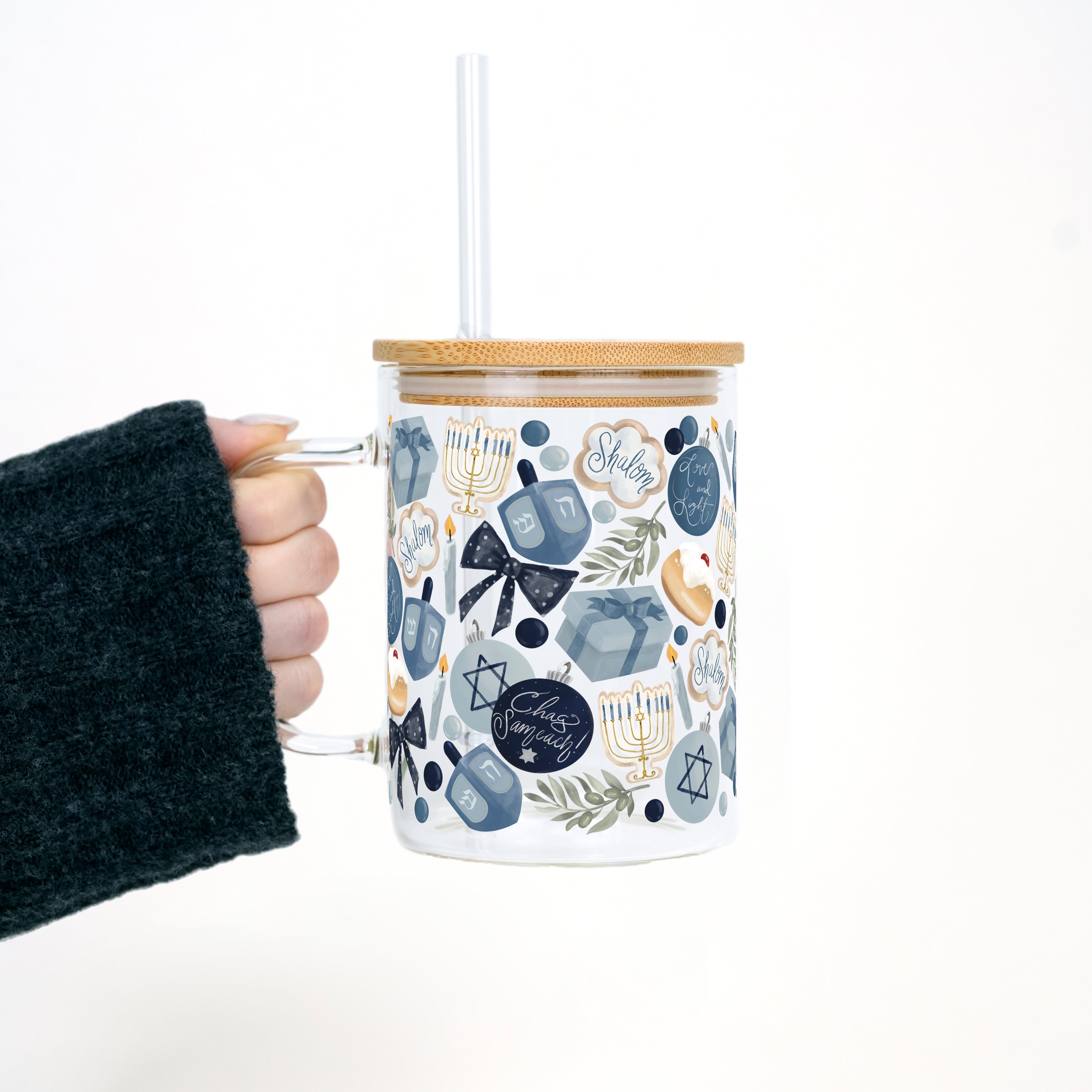 Cozy Hanukkah Glass Mug With Lid and Straw