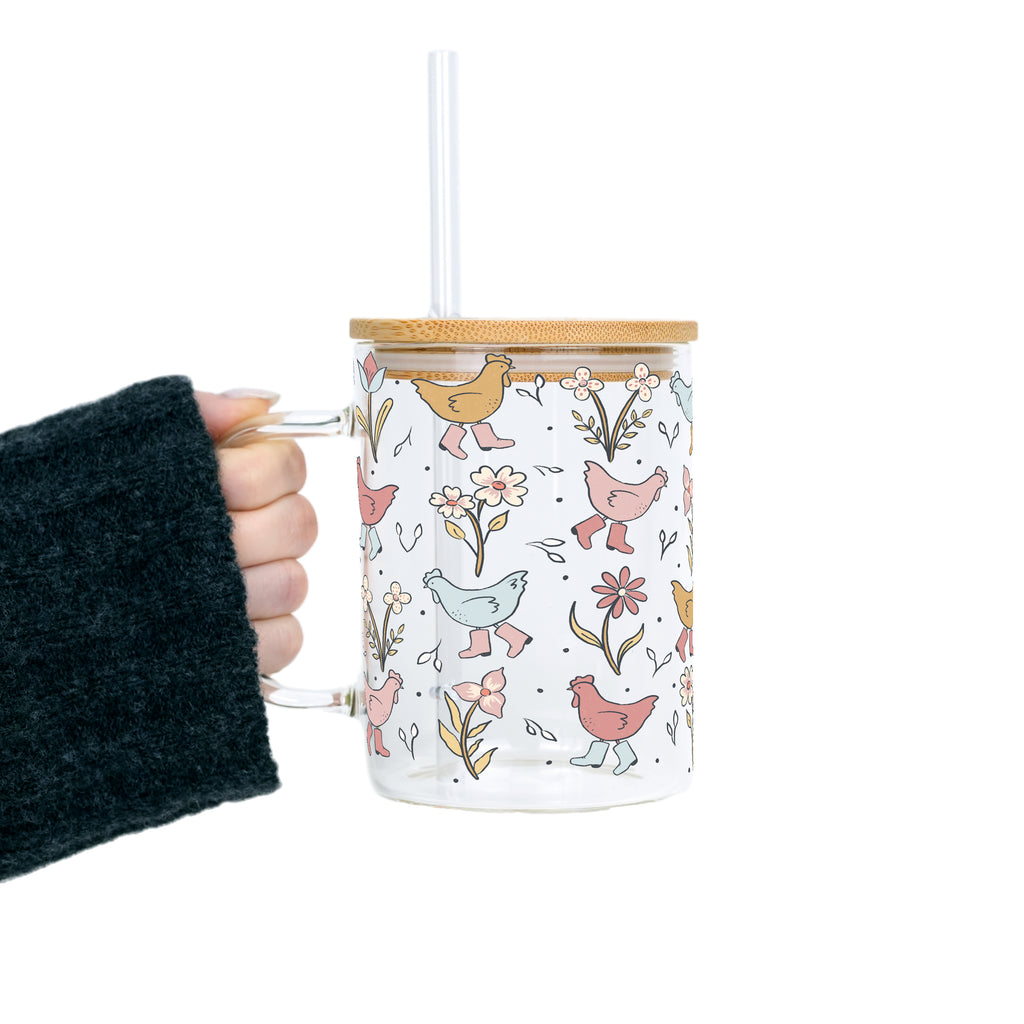 Funky Chickens Glass Cup, Mug & Tumbler with Lid and Straw