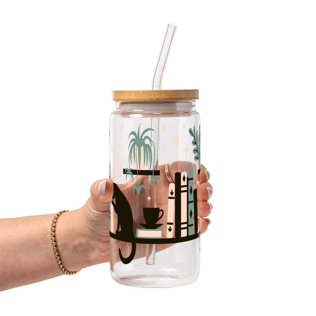 Book Shelves With Kitty and Plants Glass Cup, Mug & Tumbler with Lid and Straw
