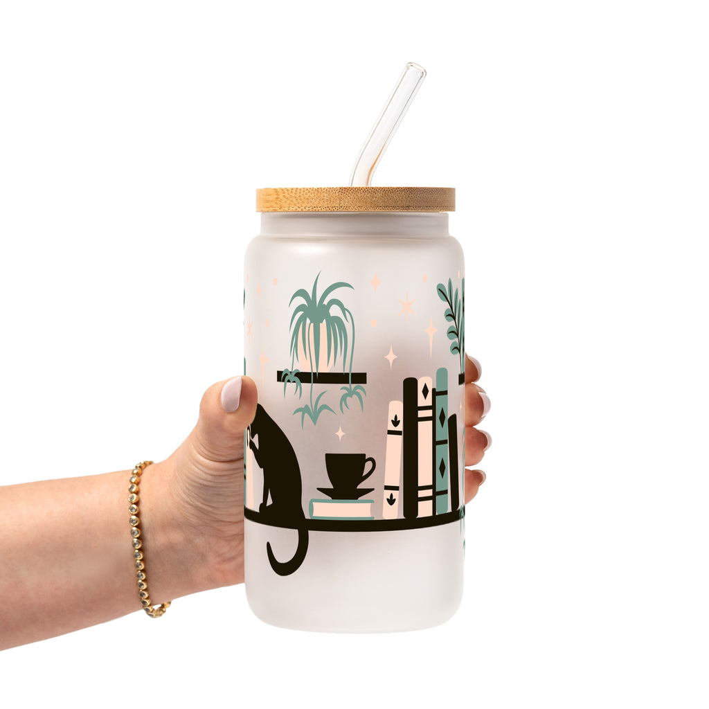 Book Shelves With Kitty and Plants Glass Cup, Mug & Tumbler with Lid and Straw