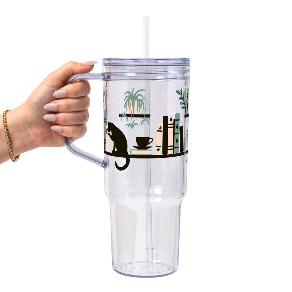 Book Shelves With Kitty and Plants Glass Cup, Mug & Tumbler with Lid and Straw