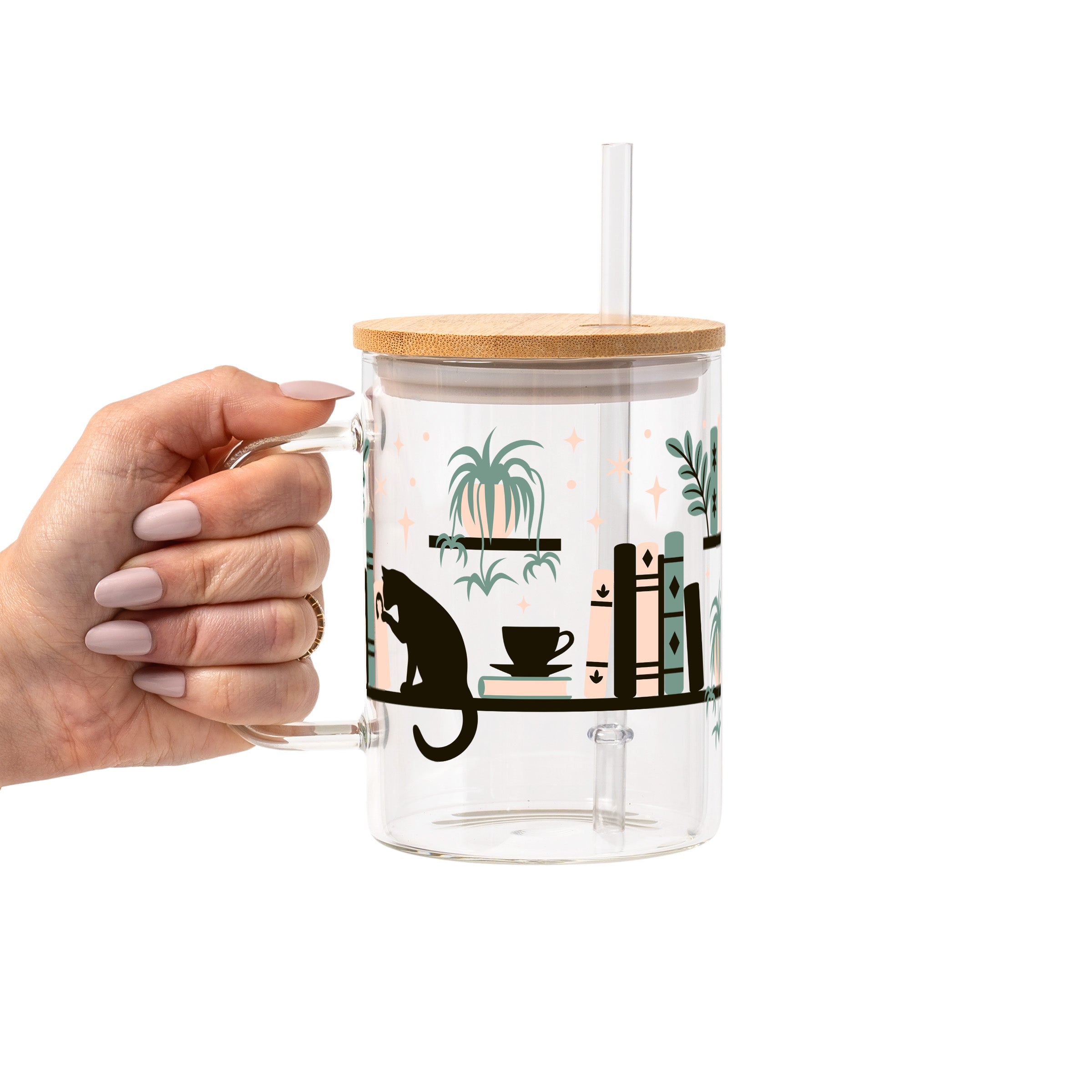 Book Shelves With Kitty and Plants Glass Cup, Mug & Tumbler with Lid and Straw
