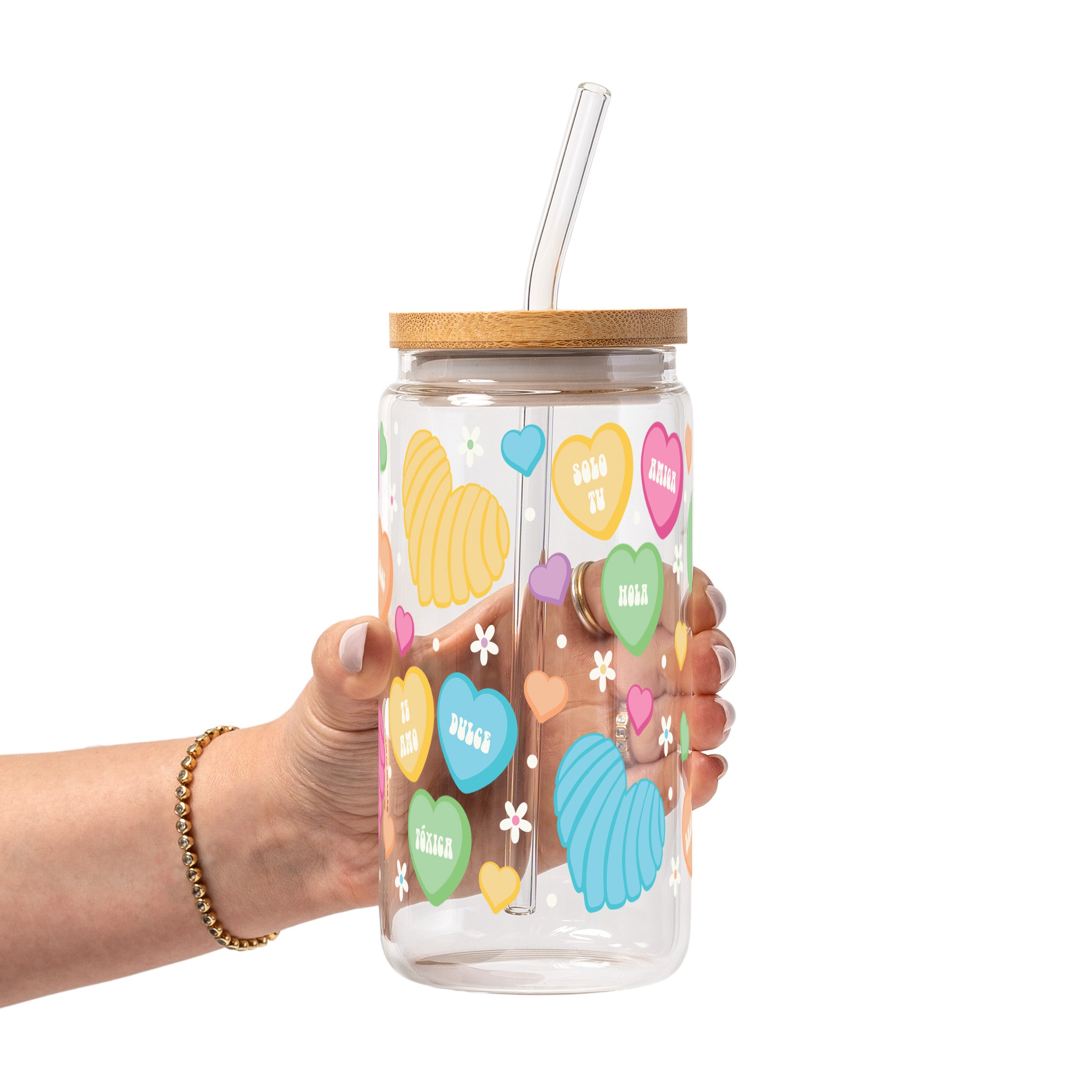 Concha Candy Hearts Glass Cup, Mug & Tumbler with Lid and Straw