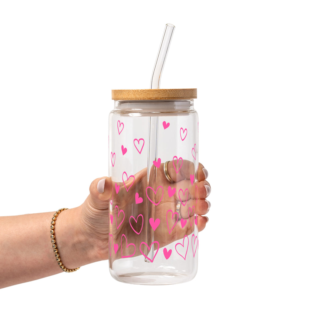 Confetti Hearts Valentine Glass Cup, Mug & Tumbler with Lid and Straw