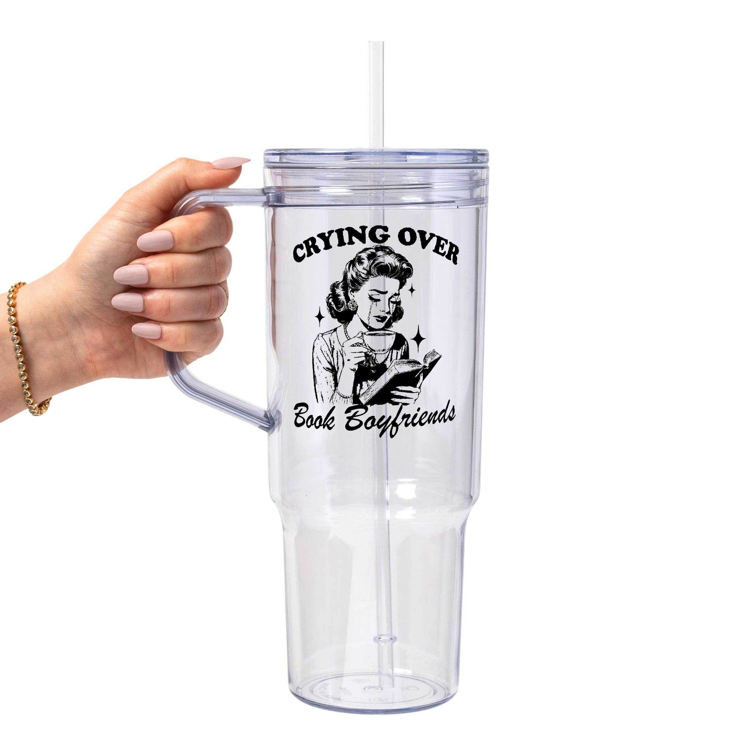 Crying Over Book Boyfriend Glass Cup, Mug & Tumbler with Lid and Straw