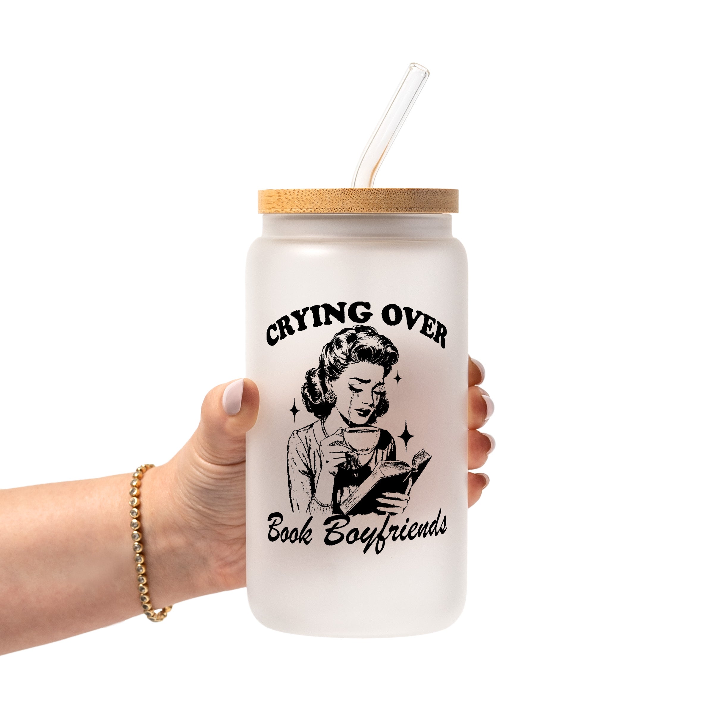 Crying Over Book Boyfriend Glass Cup, Mug & Tumbler with Lid and Straw