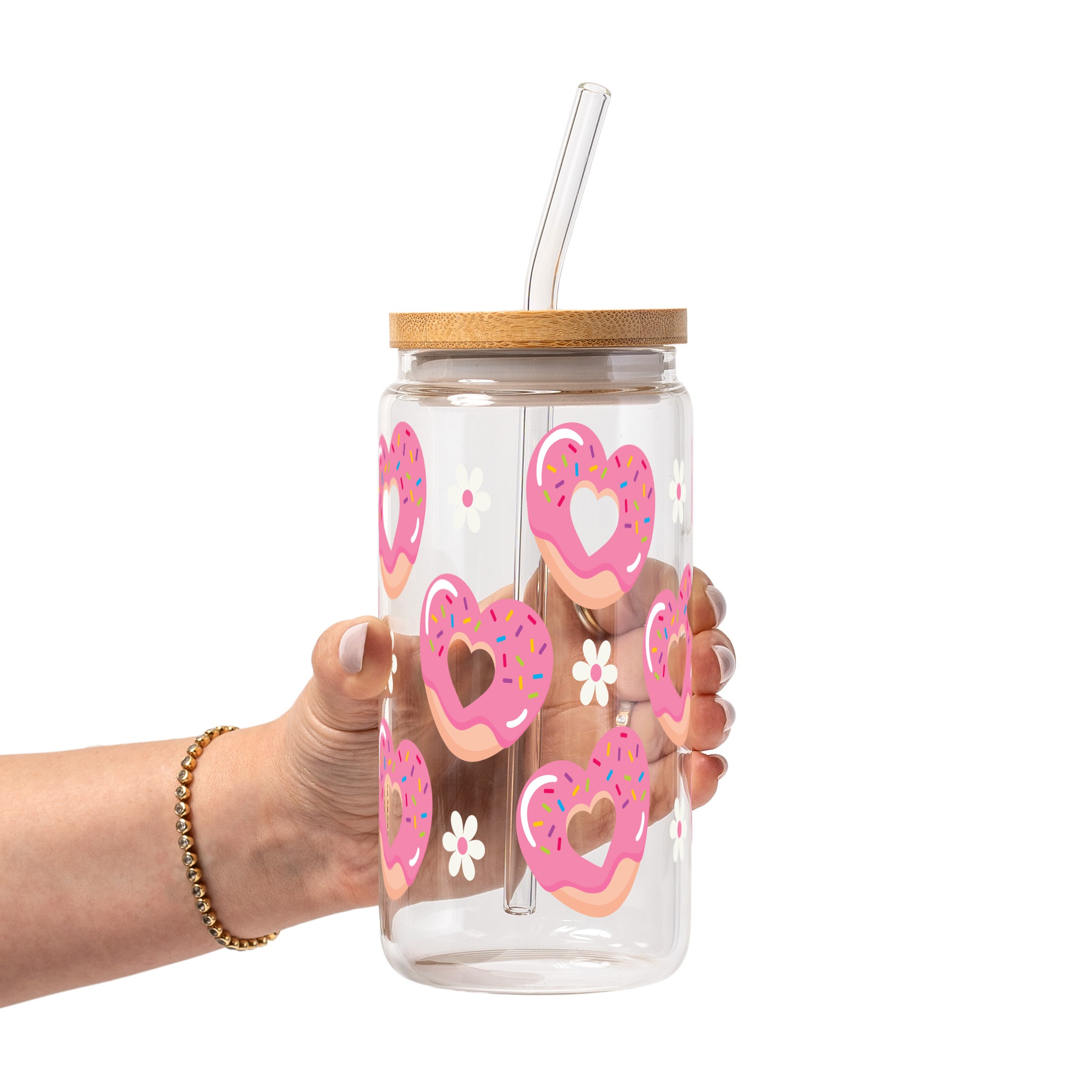Valentine's Day Pink Donut Heart Glass Cup, Mug & Tumbler with Lid and Straw