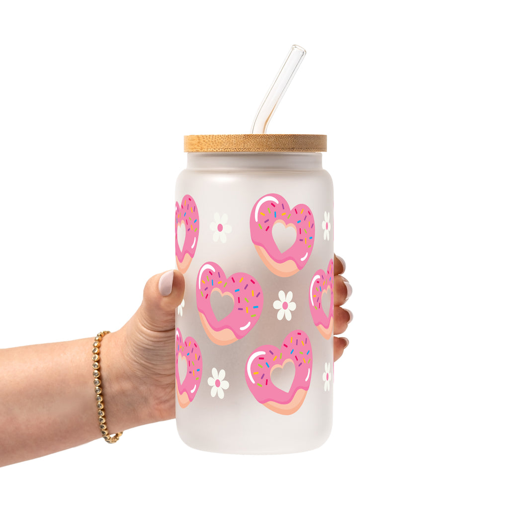 Valentine's Day Pink Donut Heart Glass Cup, Mug & Tumbler with Lid and Straw