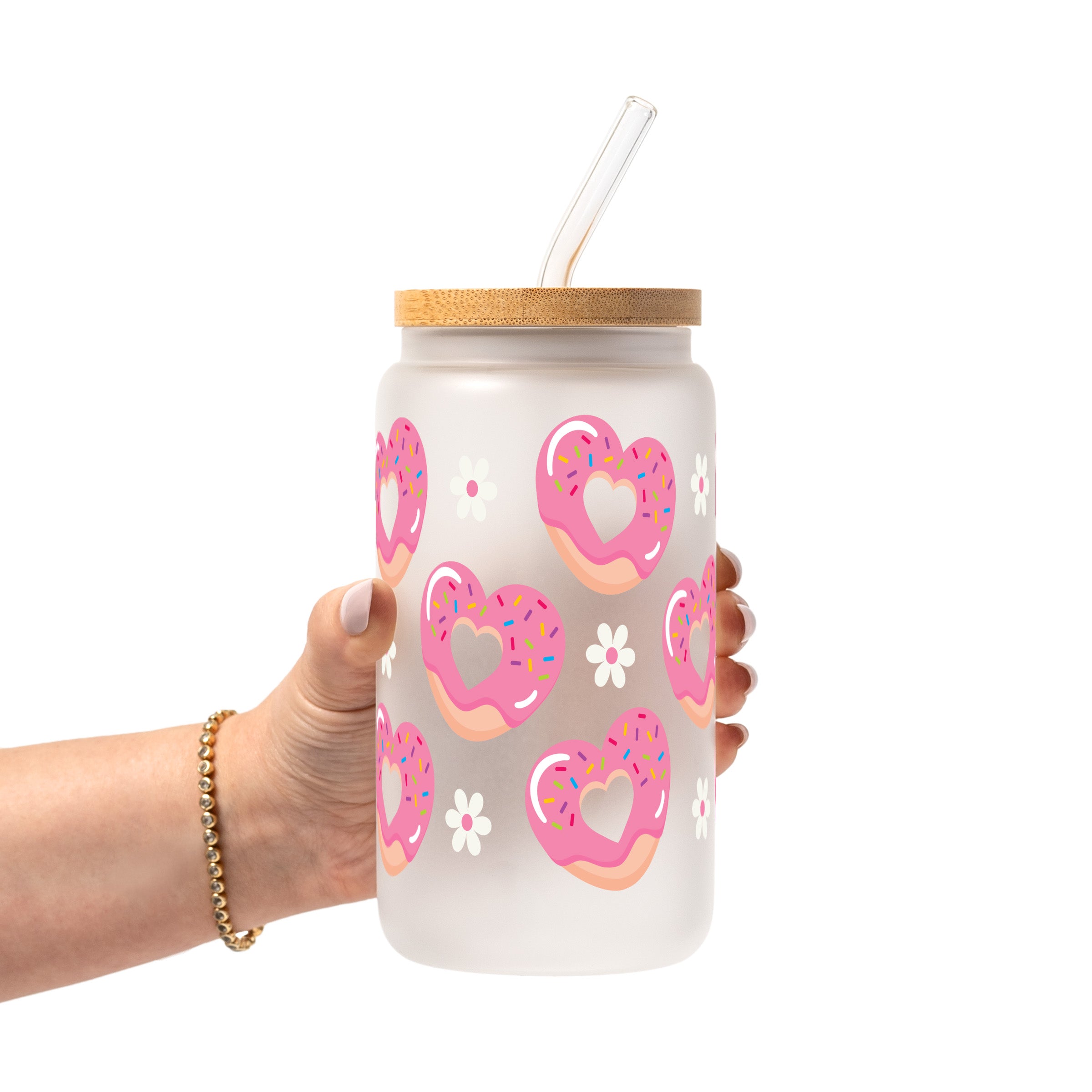 Valentine's Day Pink Donut Heart Glass Cup, Mug & Tumbler with Lid and Straw