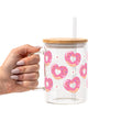 Valentine's Day Pink Donut Heart Glass Cup, Mug & Tumbler with Lid and Straw