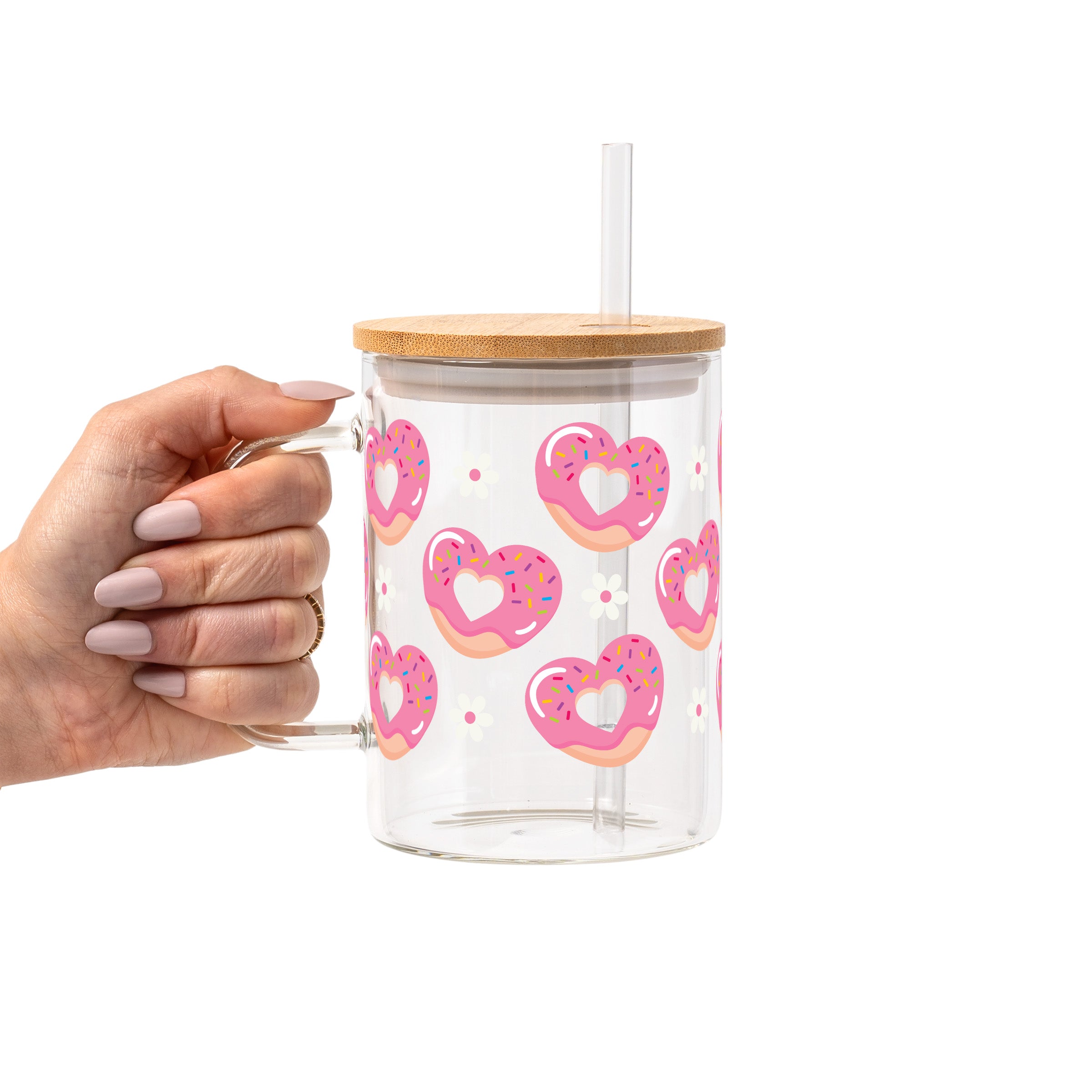 Valentine's Day Pink Donut Heart Glass Cup, Mug & Tumbler with Lid and Straw