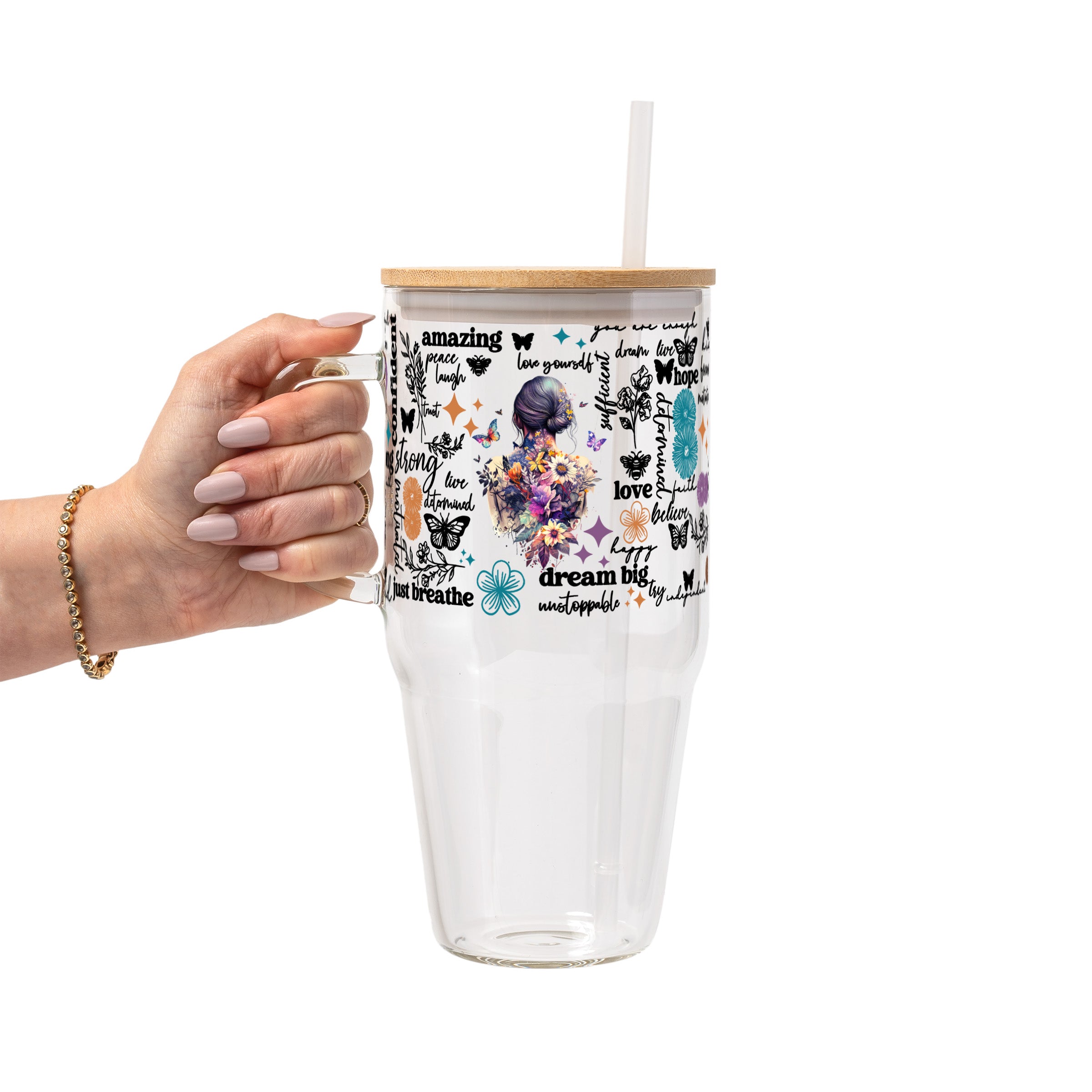 Flower Affirmations Glass Cup, Mug & Tumbler with Lid and Straw