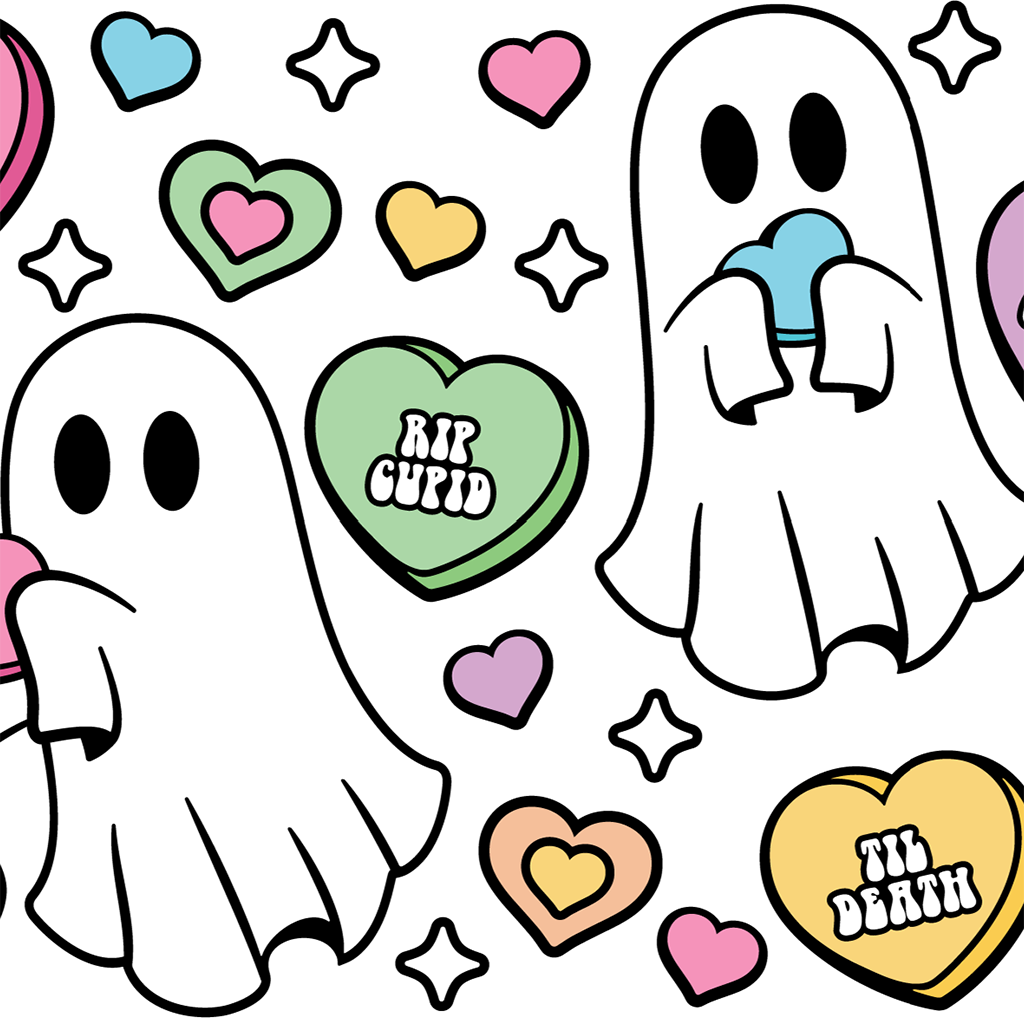 Valentine's Day Candy Hearts Ghostie Glass Cup, Mug & Tumbler with Lid and Straw