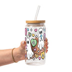 Valentine's Day Candy Hearts Ghostie Glass Cup, Mug & Tumbler with Lid and Straw