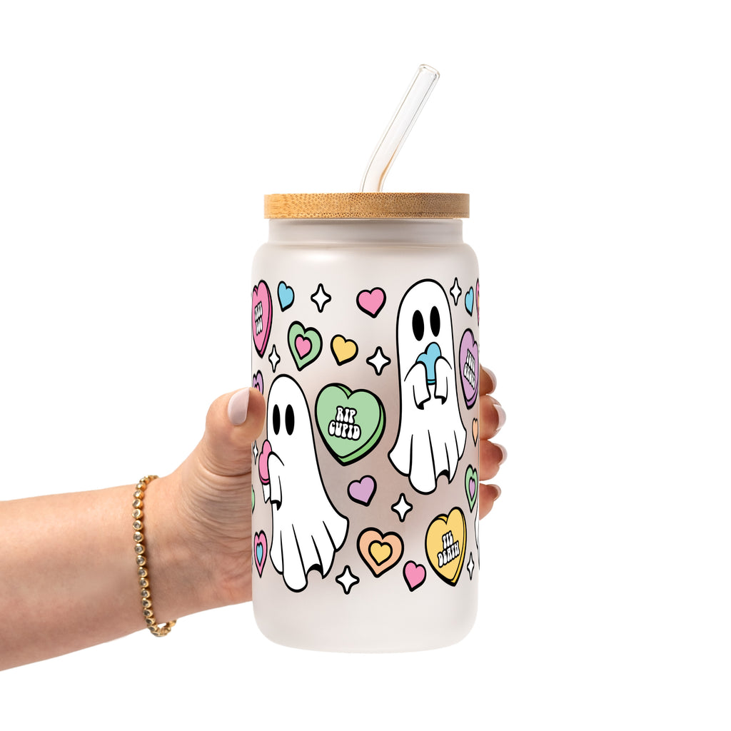 Valentine's Day Candy Hearts Ghostie Glass Cup, Mug & Tumbler with Lid and Straw