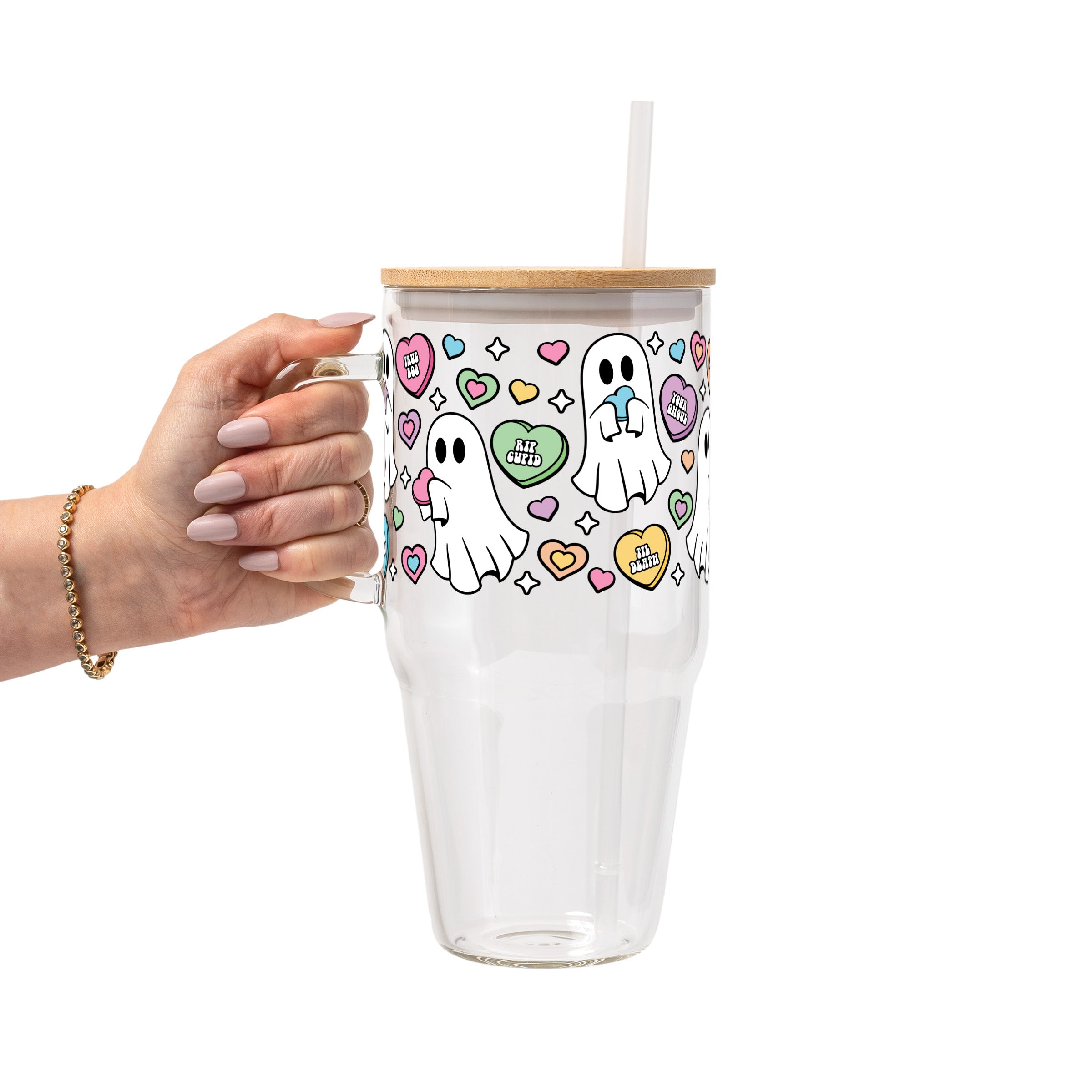 Valentine's Day Candy Hearts Ghostie Glass Cup, Mug & Tumbler with Lid and Straw