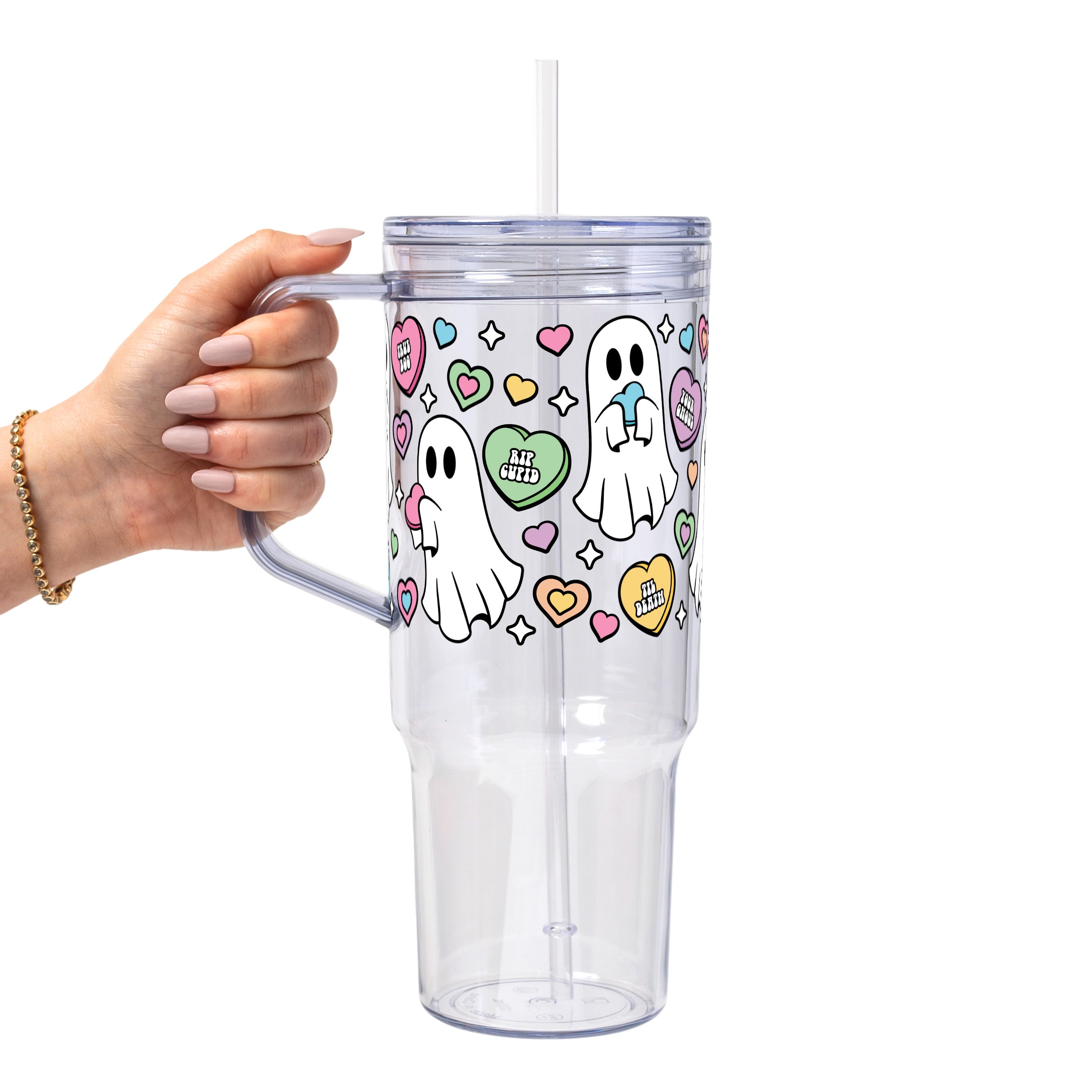 Valentine's Day Candy Hearts Ghostie Glass Cup, Mug & Tumbler with Lid and Straw
