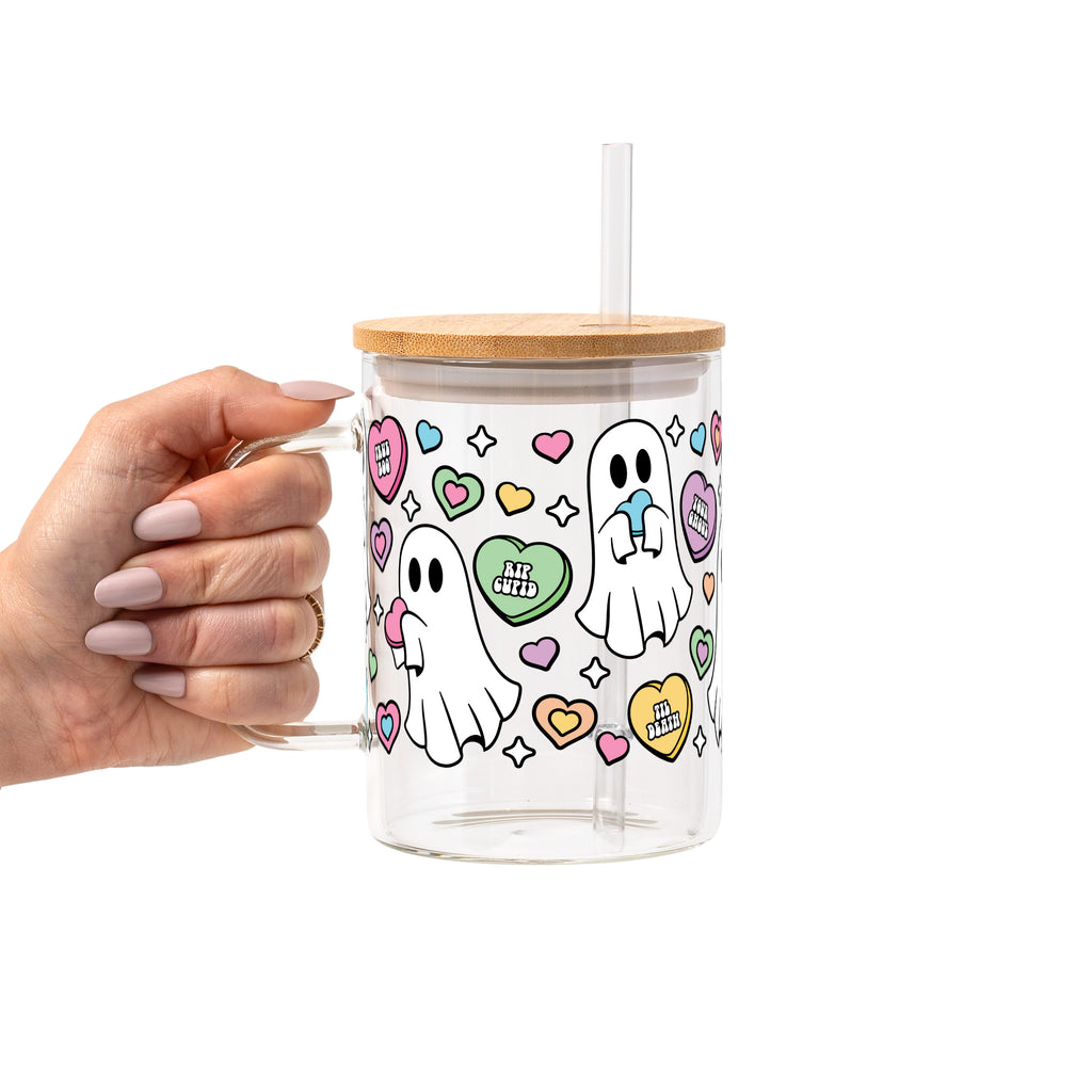 Valentine's Day Candy Hearts Ghostie Glass Cup, Mug & Tumbler with Lid and Straw