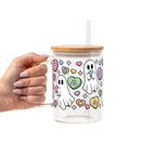 Valentine's Day Candy Hearts Ghostie Glass Cup, Mug & Tumbler with Lid and Straw