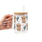 Fluffy Highland Cow With Cacti Glass Cup, Mug & Tumbler with Lid and Straw