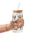 Fluffy Highland Cow With Cacti Glass Cup, Mug & Tumbler with Lid and Straw