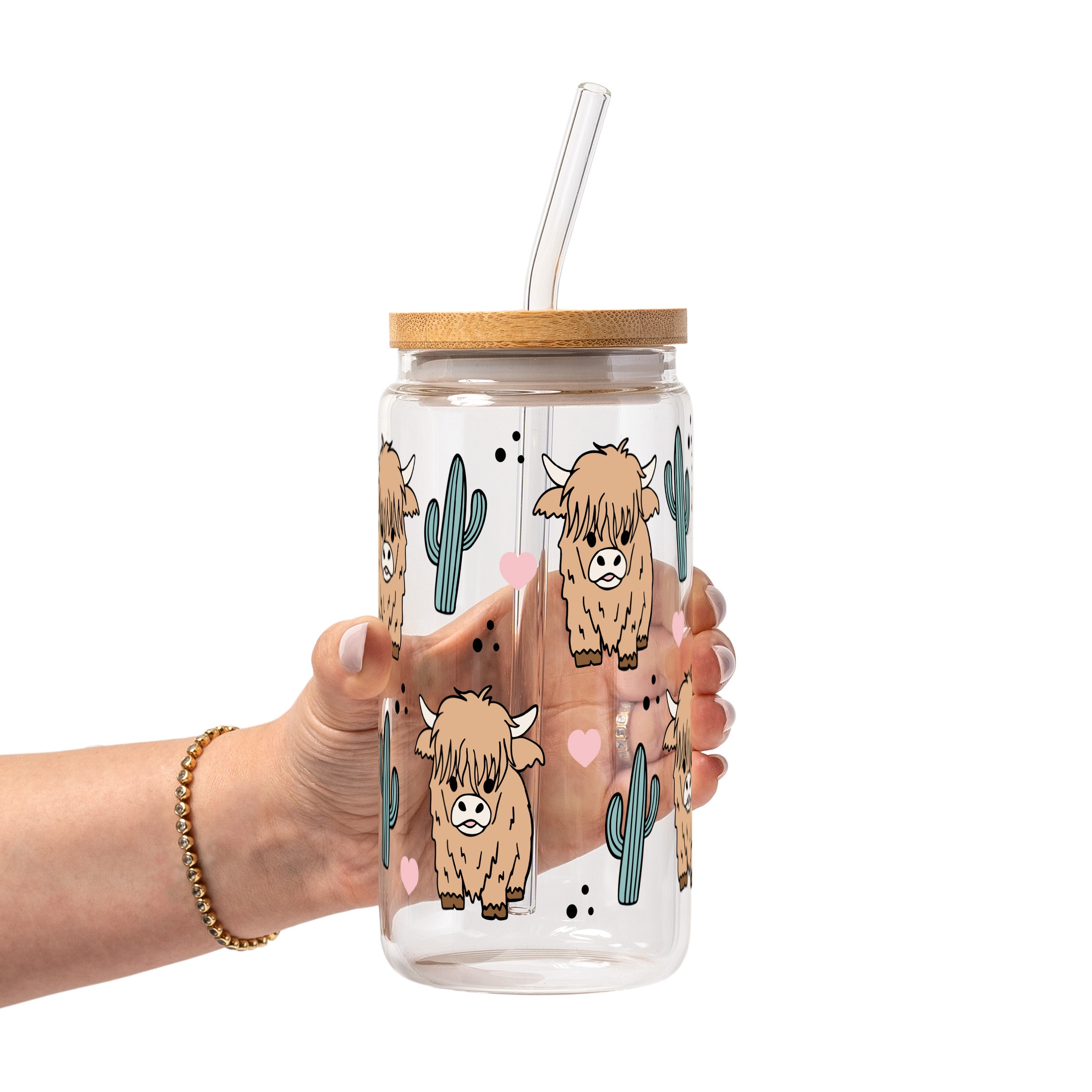 Fluffy Highland Cow With Cacti Glass Cup, Mug & Tumbler with Lid and Straw