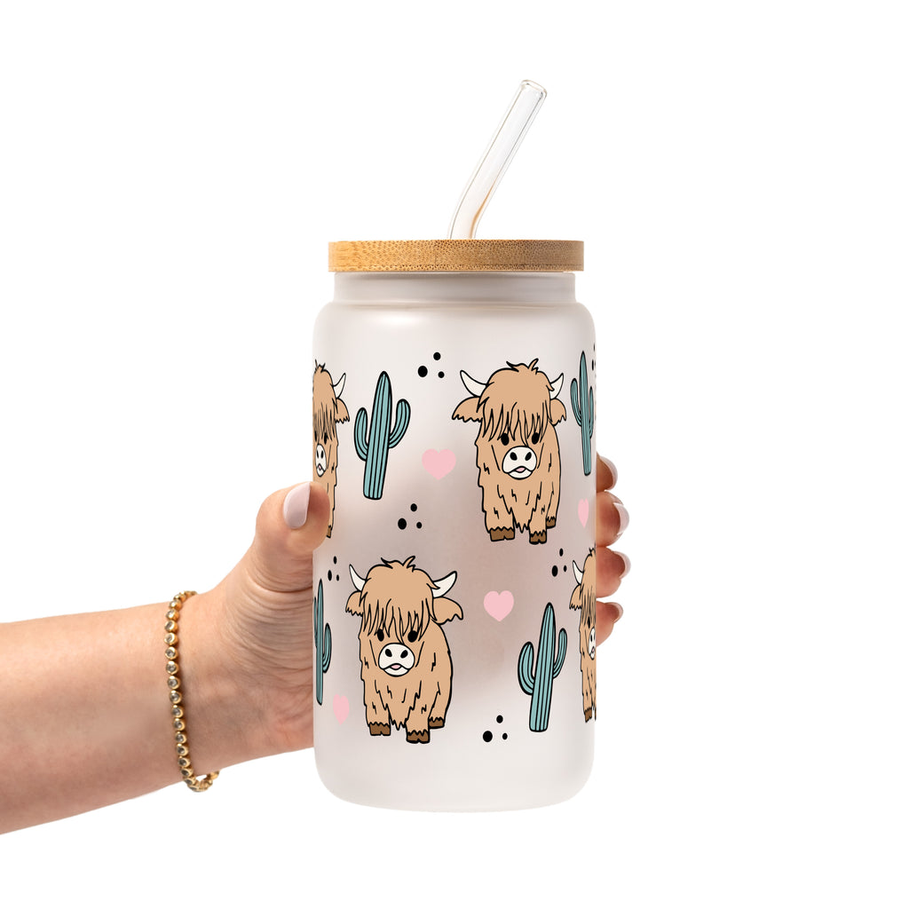 Fluffy Highland Cow With Cacti Glass Cup, Mug & Tumbler with Lid and Straw
