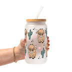 Fluffy Highland Cow With Cacti Glass Cup, Mug & Tumbler with Lid and Straw