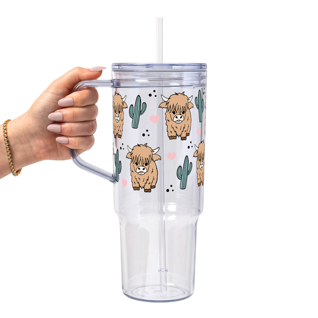 Fluffy Highland Cow With Cacti Glass Cup, Mug & Tumbler with Lid and Straw