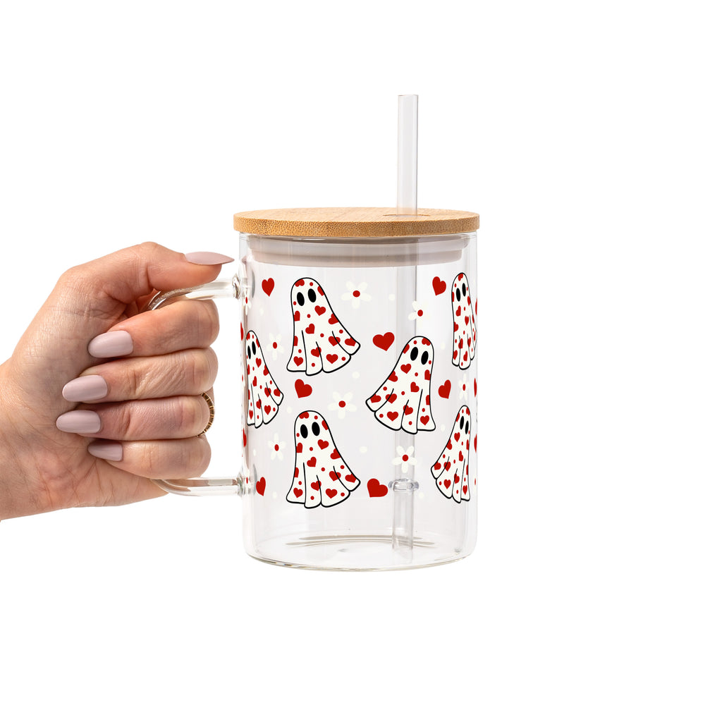 Heart Ghosts Valentine Glass Cup, Mug & Tumbler with Lid and Straw