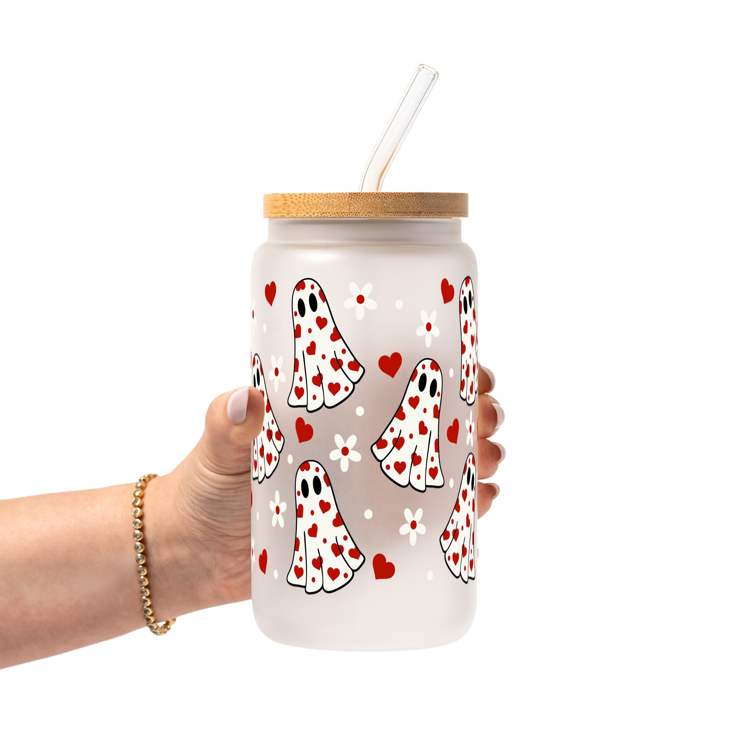 Heart Ghosts Valentine Glass Cup, Mug & Tumbler with Lid and Straw