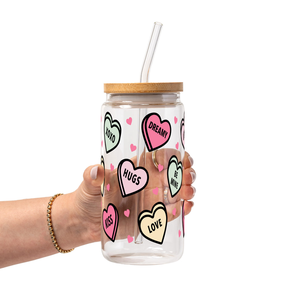 Valentines Day Candy Hearts Glass Cup, Mug & Tumbler with Lid and Straw