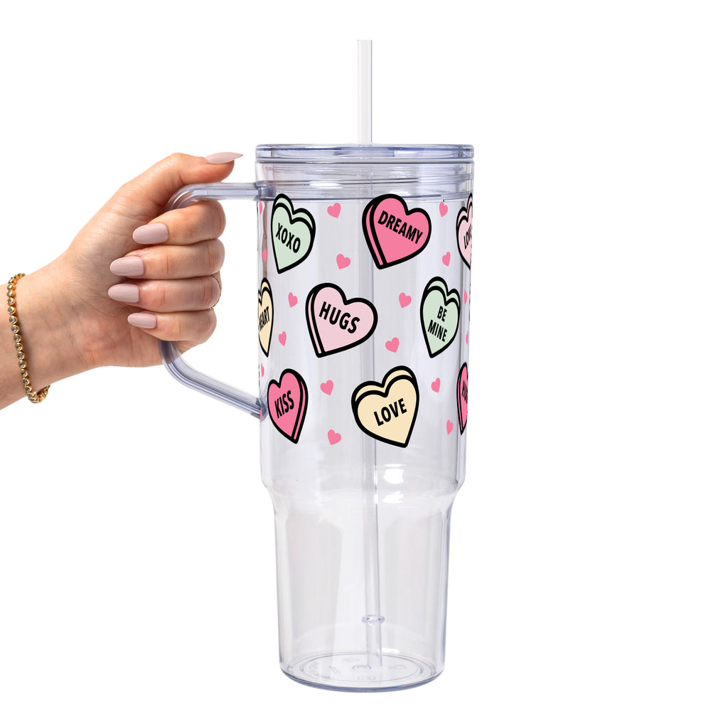 Valentines Day Candy Hearts Glass Cup, Mug & Tumbler with Lid and Straw