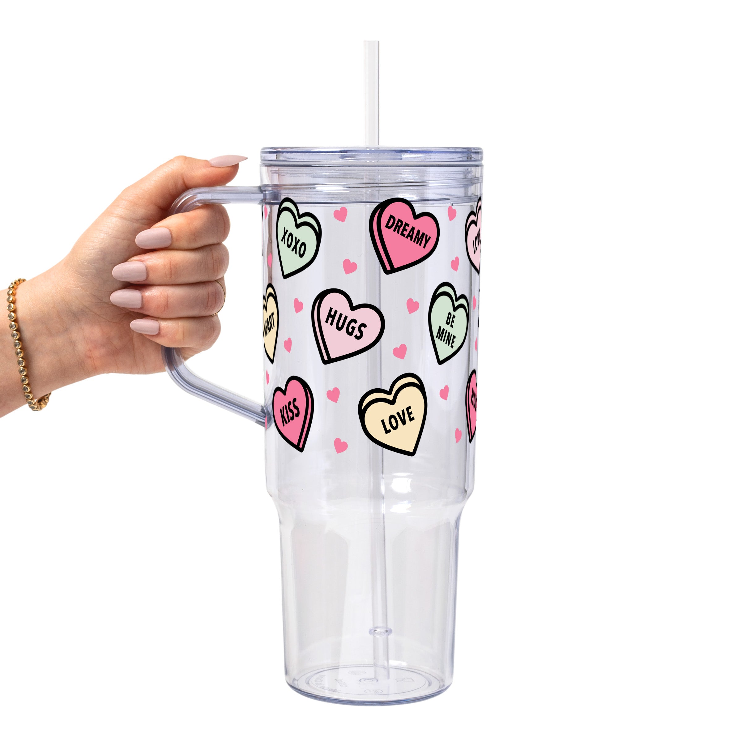 Valentines Day Candy Hearts Glass Cup, Mug & Tumbler with Lid and Straw