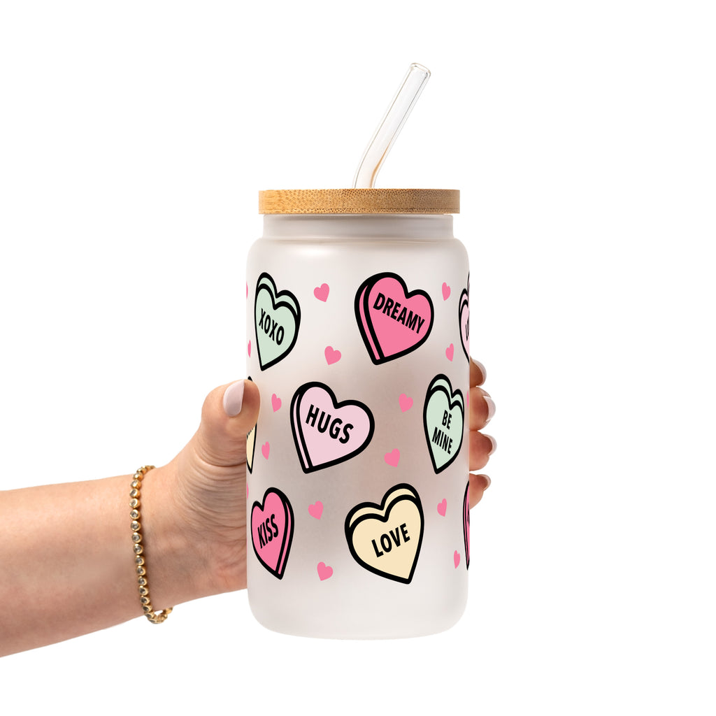 Valentines Day Candy Hearts Glass Cup, Mug & Tumbler with Lid and Straw
