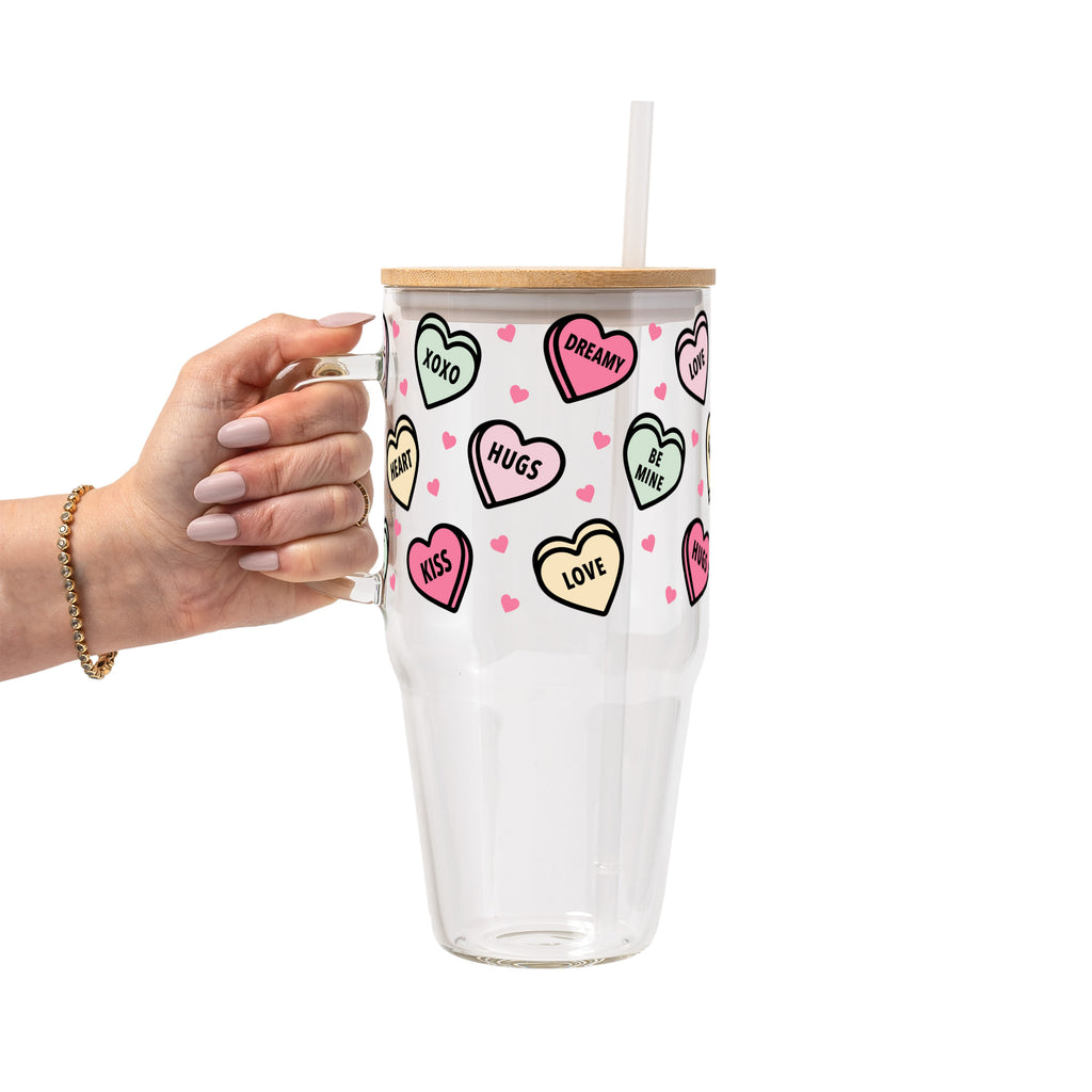 Valentines Day Candy Hearts Glass Cup, Mug & Tumbler with Lid and Straw