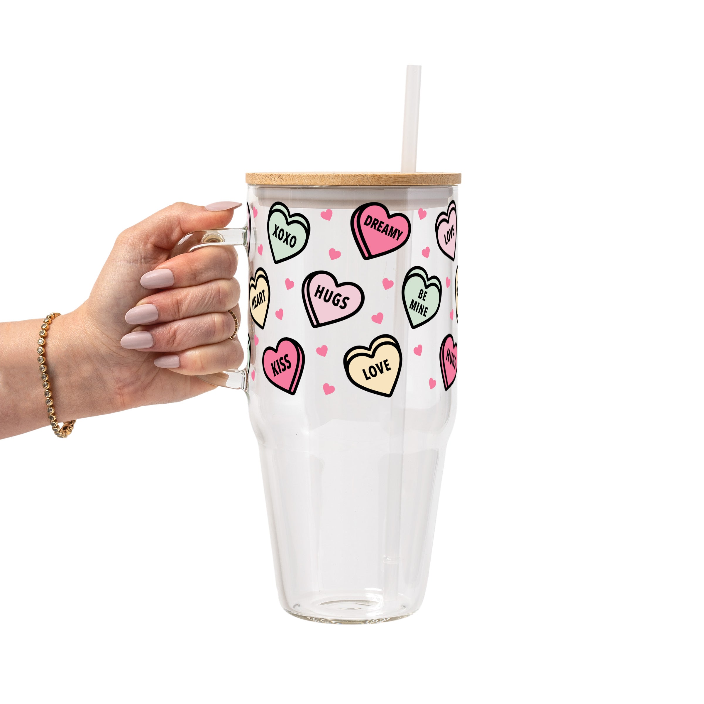 Valentines Day Candy Hearts Glass Cup, Mug & Tumbler with Lid and Straw