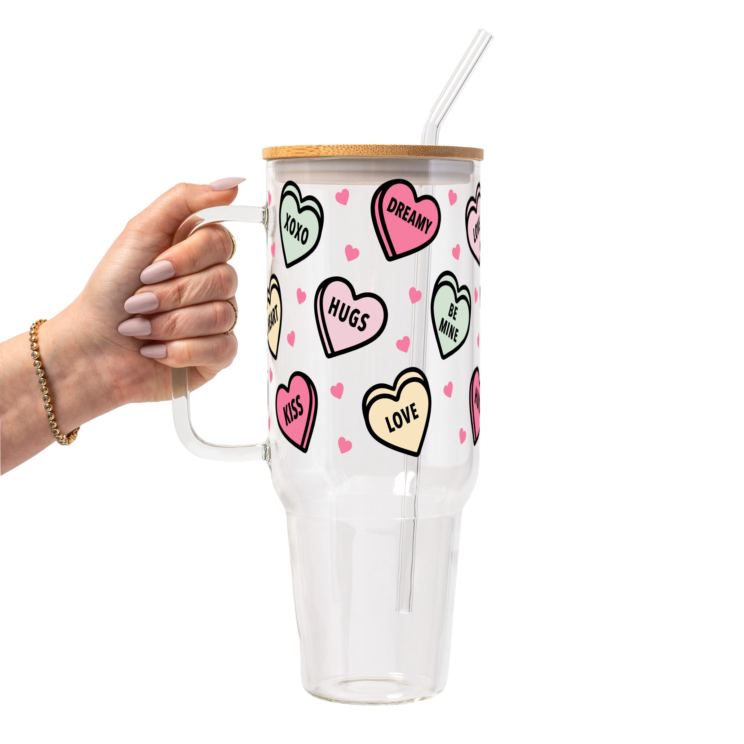 Valentines Day Candy Hearts Glass Cup, Mug & Tumbler with Lid and Straw