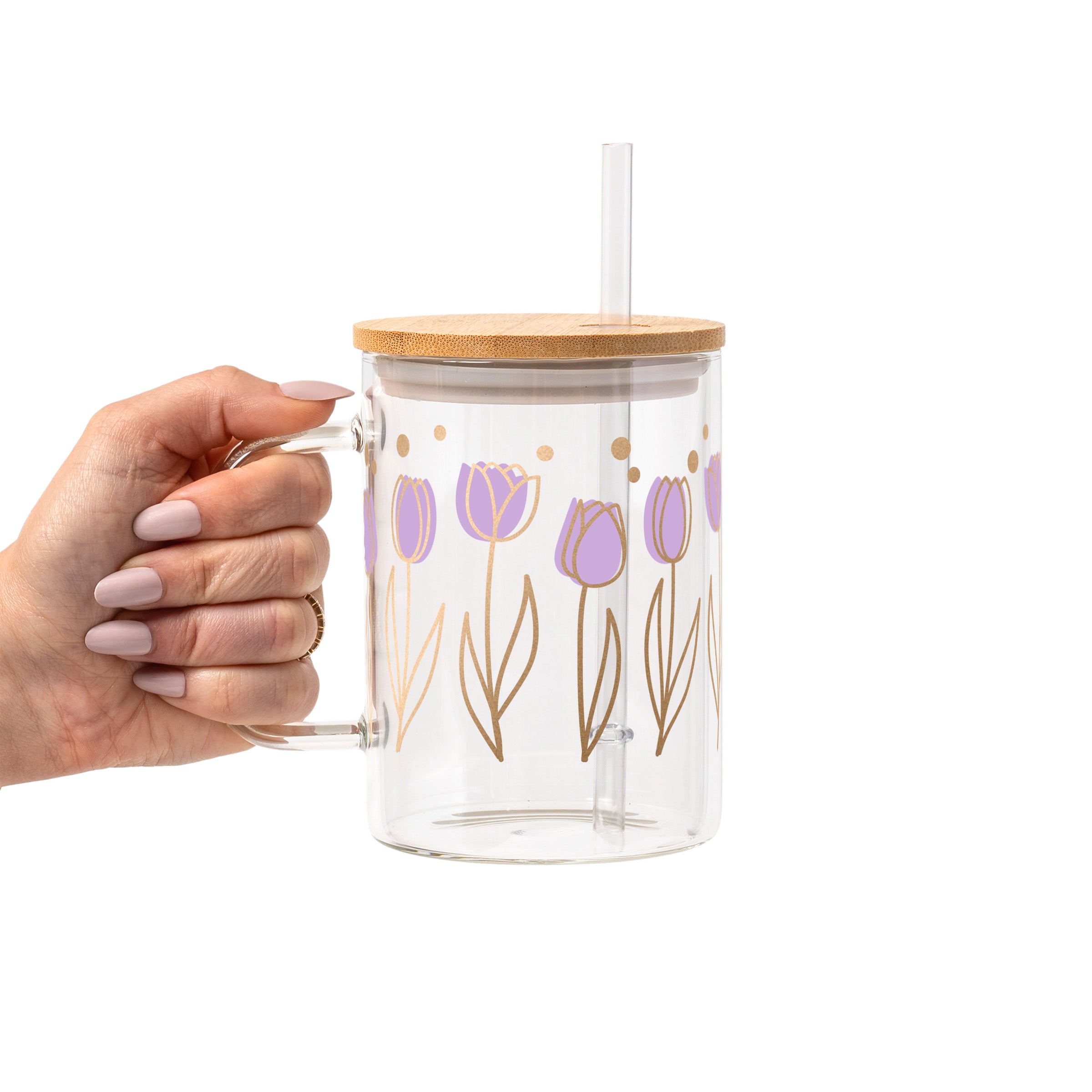 Purple Tulip Glass Cup, Mug & Tumbler with Lid and Straw