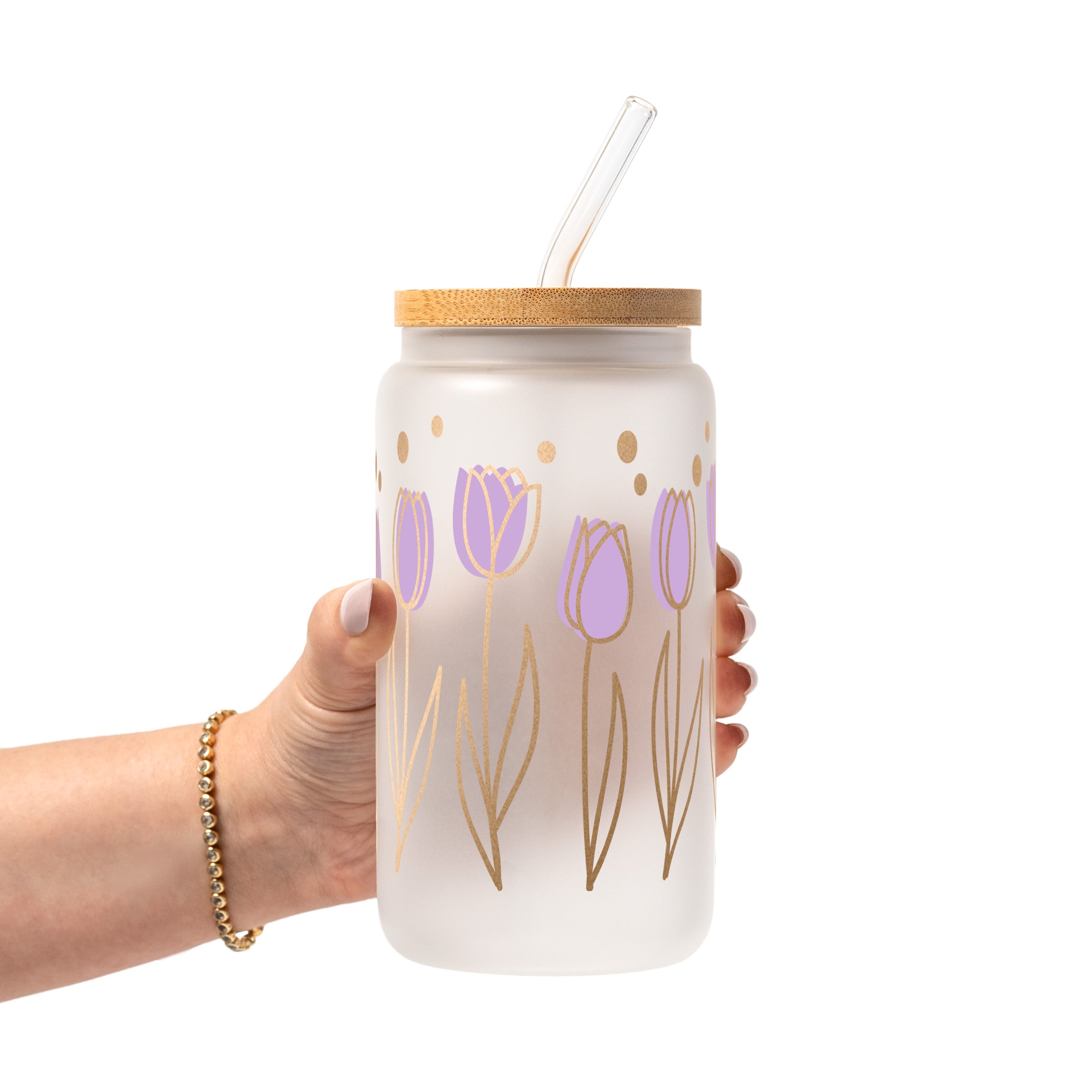 Purple Tulip Glass Cup, Mug & Tumbler with Lid and Straw
