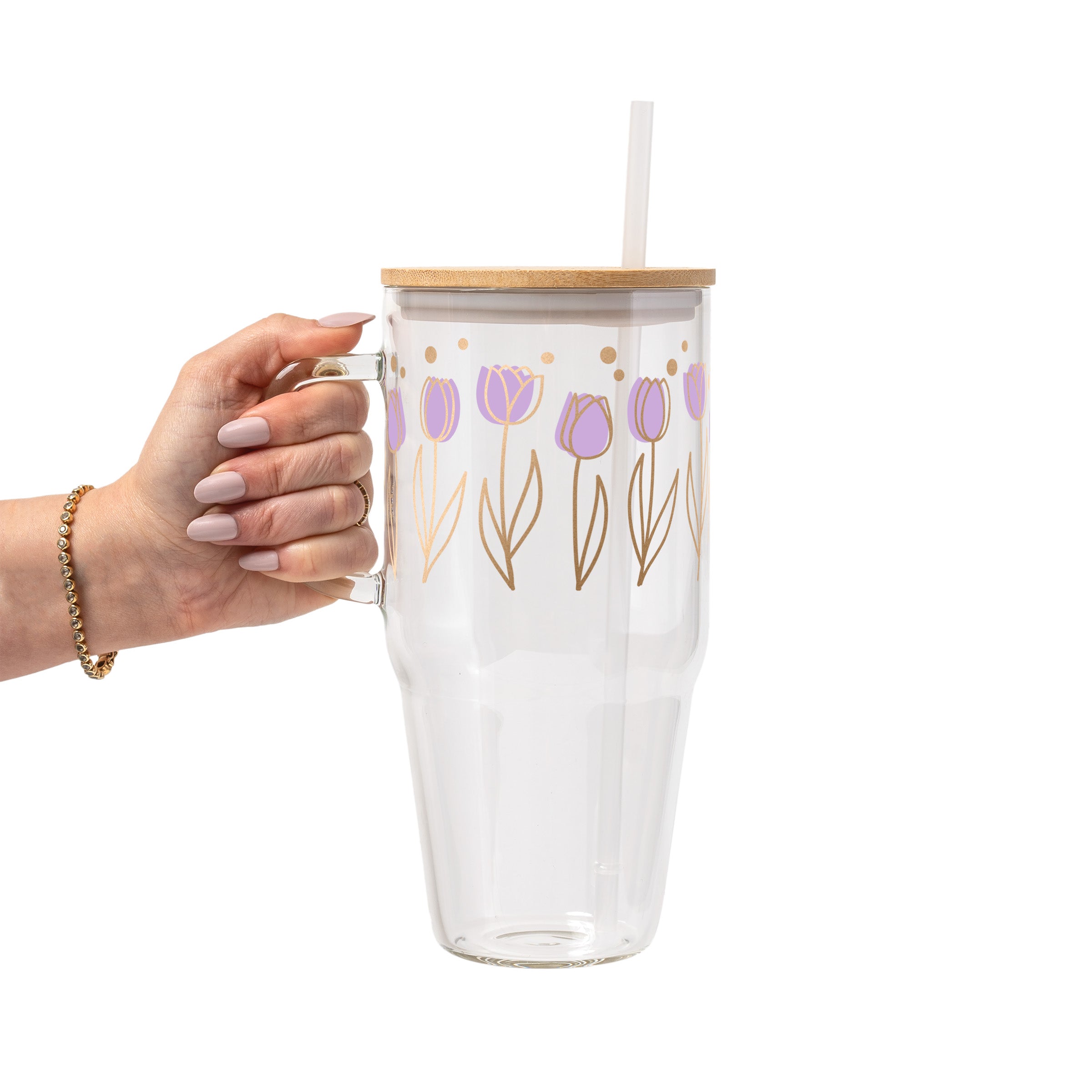 Purple Tulip Glass Cup, Mug & Tumbler with Lid and Straw