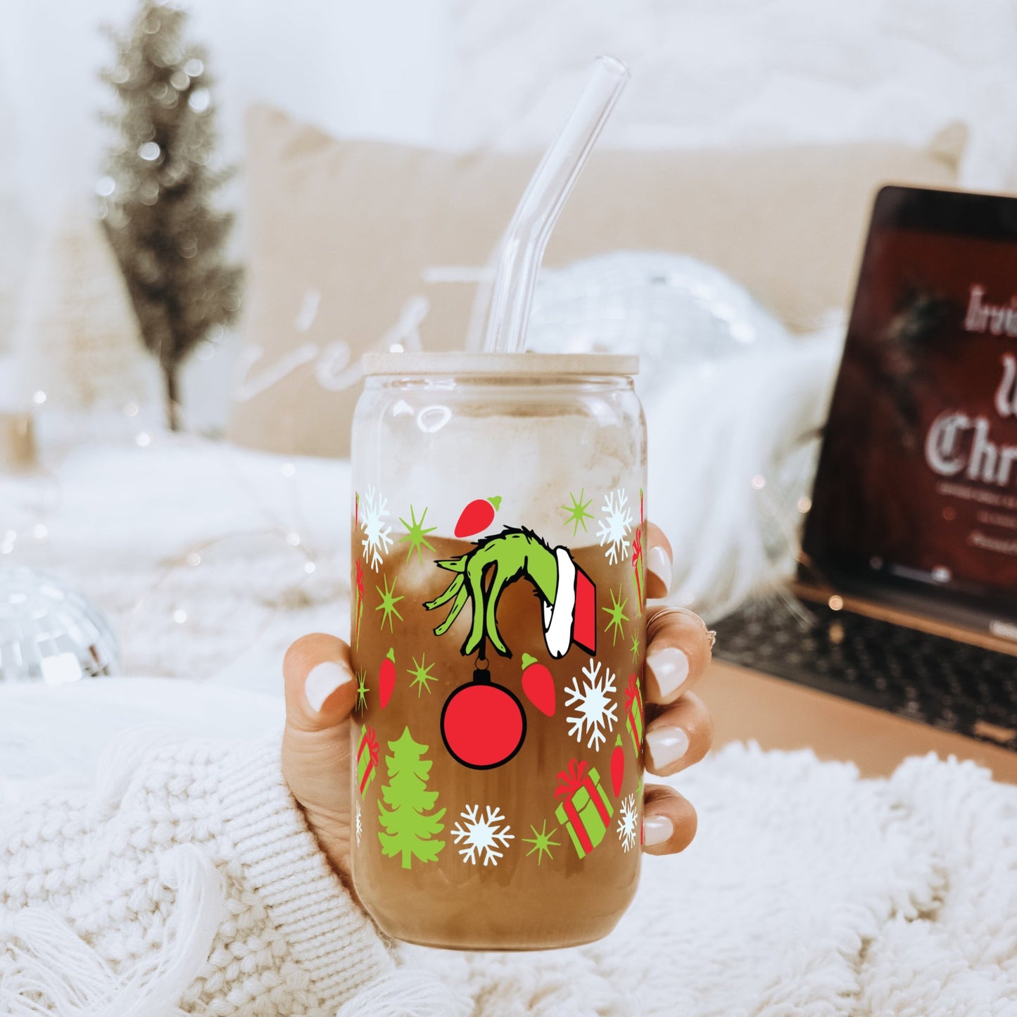 Christmas Hand With Ornament 16oz Glass Can Cup With Lid and Straw