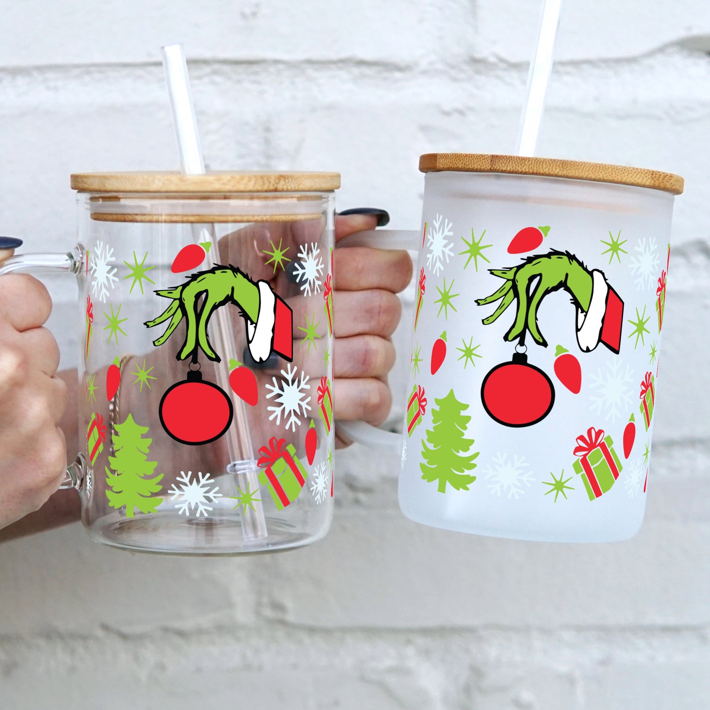 Christmas Hand With Ornament 17oz Glass Mug With Lid and Straw