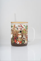Nostalgic Christmas limited edition 17oz frosted glass mug with bamboo lid and straw