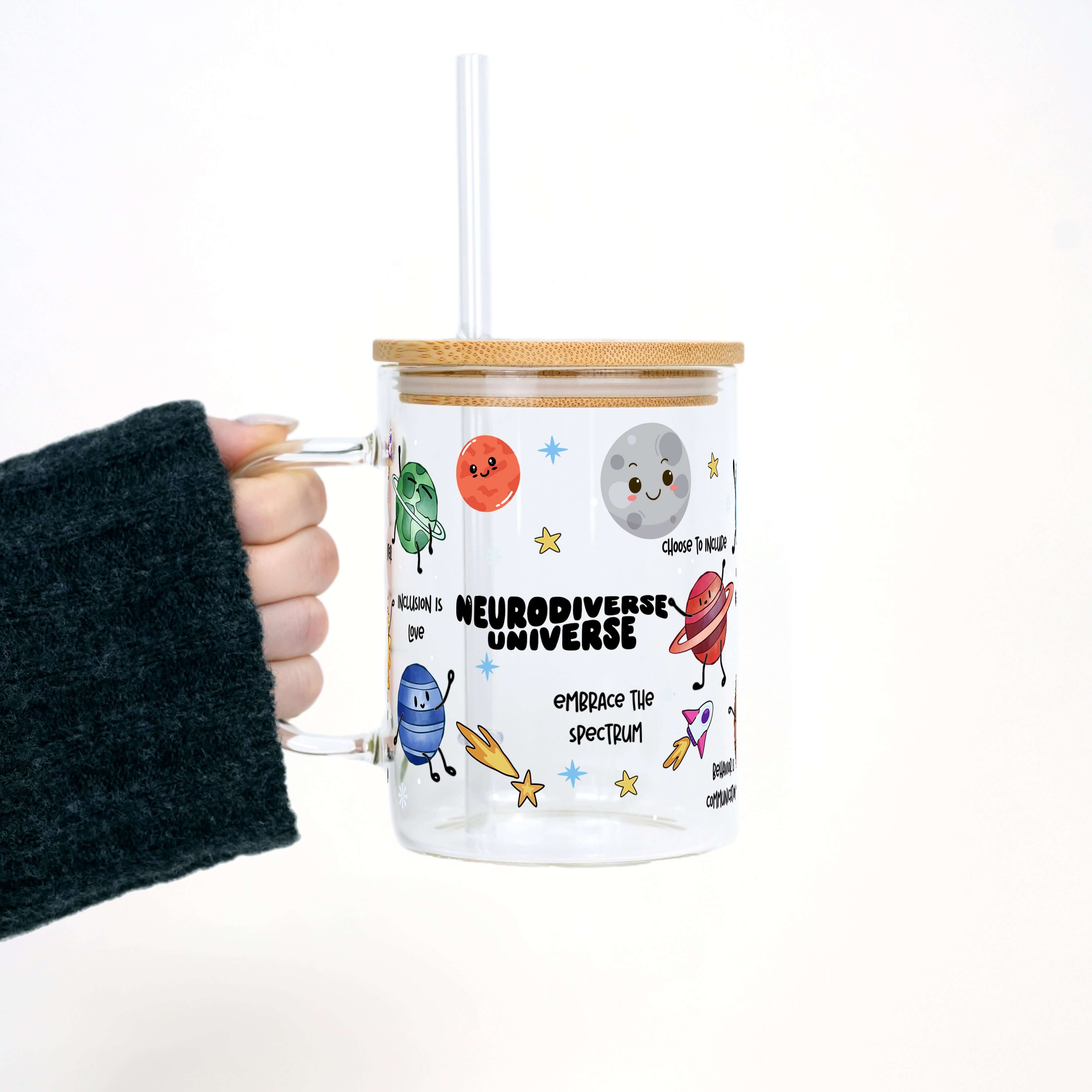 Neurodiverse Universe 17oz Glass Mug With Lid and Straw